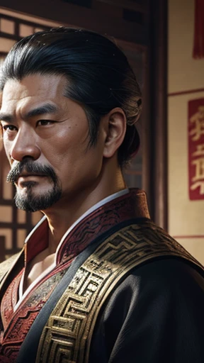oriental、Middle-aged man wearing ancient Chinese clothes、ancient chinese hairstyle middle age、three kingdom、multiple warlords、top-quality、​masterpiece、超A high resolution、(Photorealsitic:1.4)、Game Posters、Inside the building、man with simple hairstyle、
