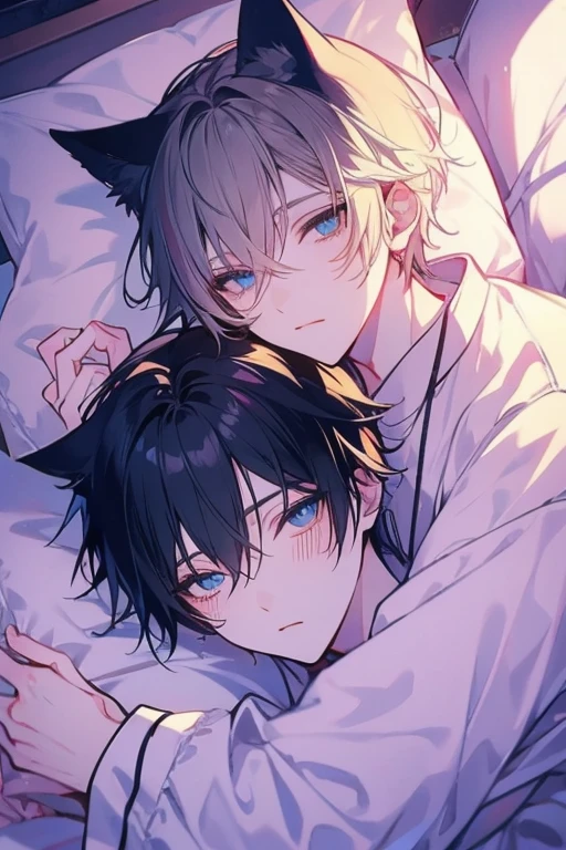 Unparalleled beauty,face perfect、Bedrooms、Lying in bed、(2man,Gay Male Relationships),Perfect Eye、Blue Eye、 By Shinkai Makoto、Animal ears、Animal tail、a blonde and a black hair、nightwear、s Pajamas、how would it look then'Sleeping、smil、