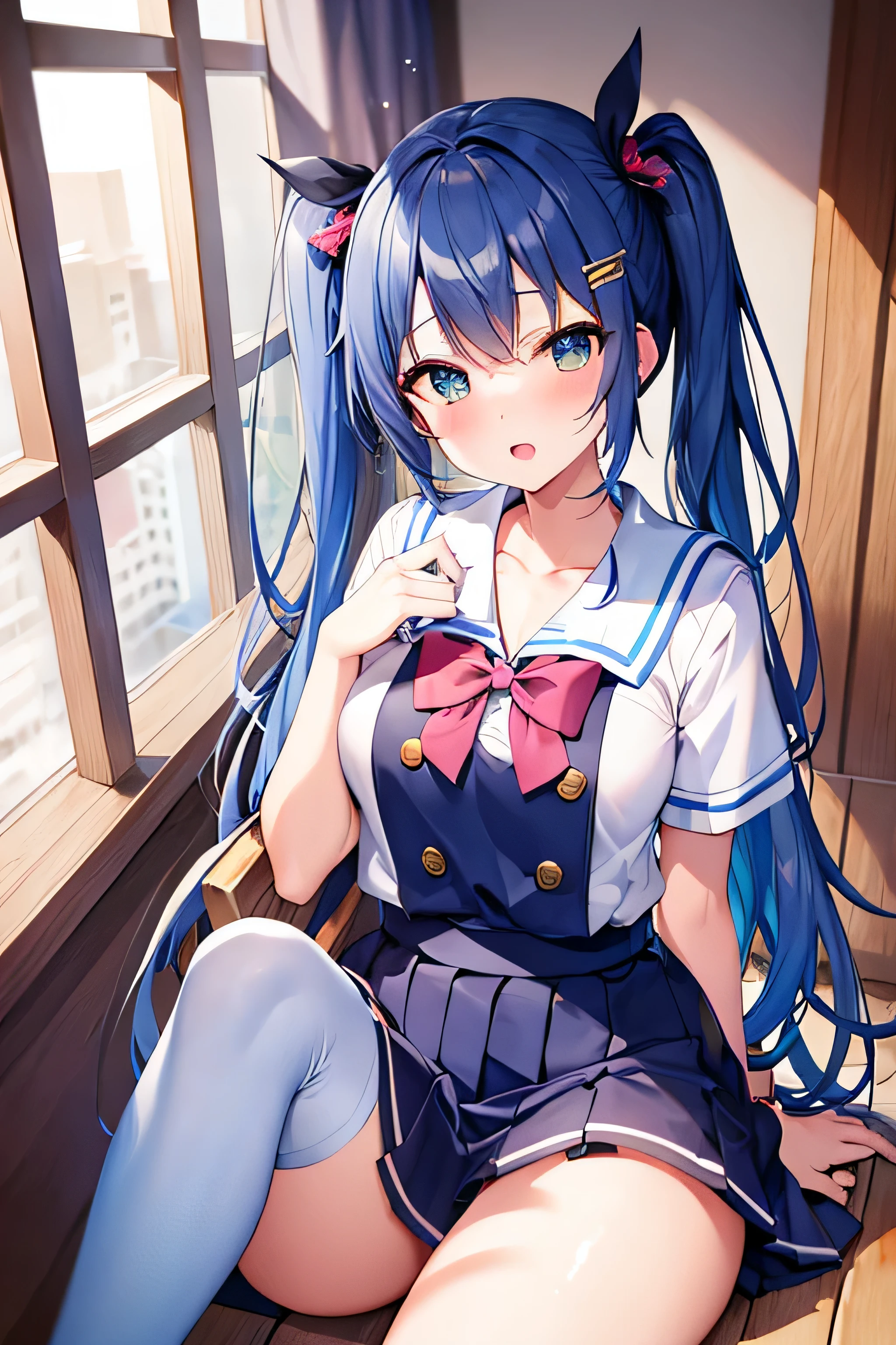 ​masterpiece、Top image quality、超A high resolution、NSFW、miku hatsune、blue hairs、Twin-tailed、Blushing、mock、Open your mouth just a little、Short sleeve sailor suit、Mini skirt、spread your legs wide、sox、Panties with ruffles、Inside the classroom