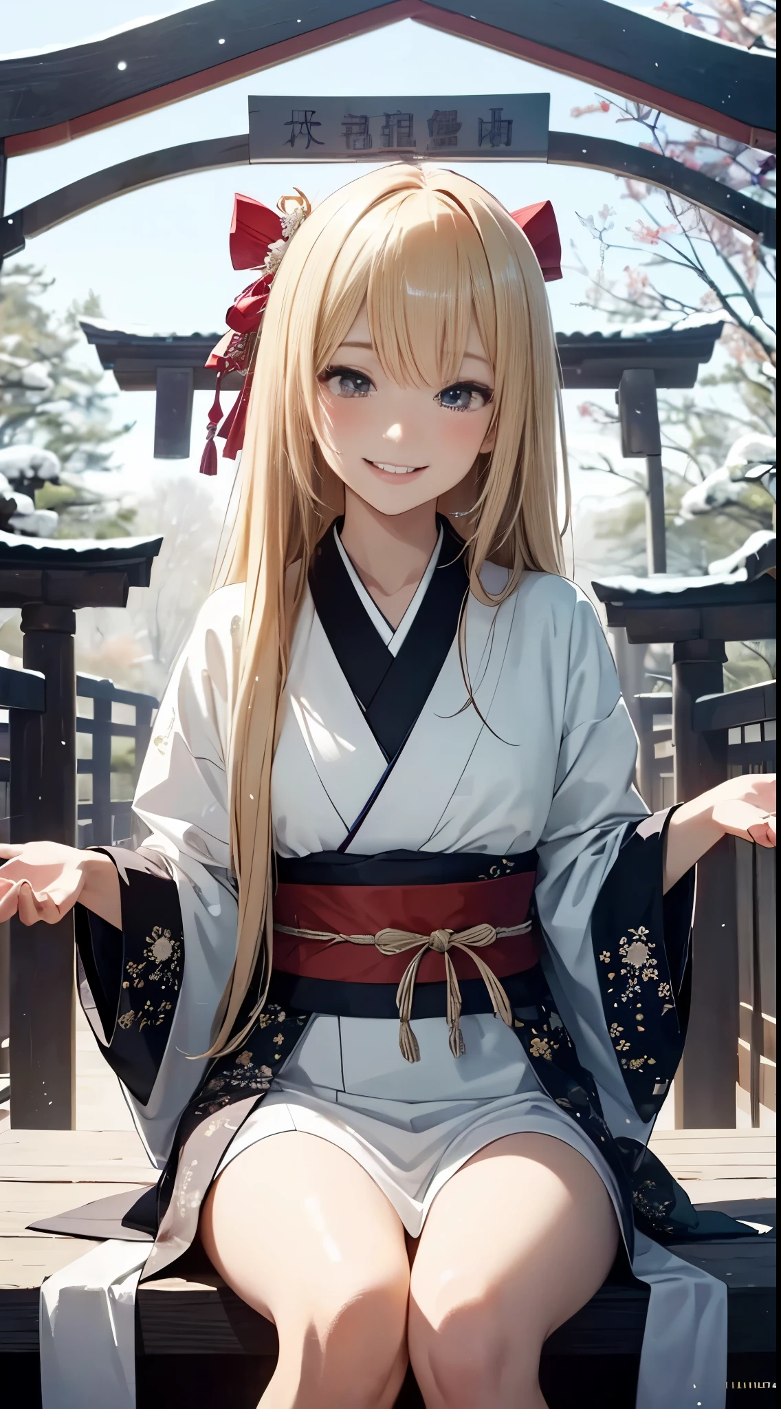 shrines, torii gate, Kimono appearance, Furisode, white rabbit hair muffler, Dress warmly, snowscape, (Uhard disk, retinas, masutepiece, 准确, Anatomically correct, Textured skin, Super Detail, high details, High quality, Best Quality, hight resolution, 1080p, hard disk, 4K, 8K, 16 K), (Beautiful detailed eyes, Beautiful detailed lips, extremely detailed eye and face), Soft lighting, Physically-based rendering, Vivid colors, (Portrait, Shiny hair, Shiny skin, blush), (Bokeh), eye reflections, (Happy smile:1.5), (sit:1.2), Blonde hair, profile, Long legs,