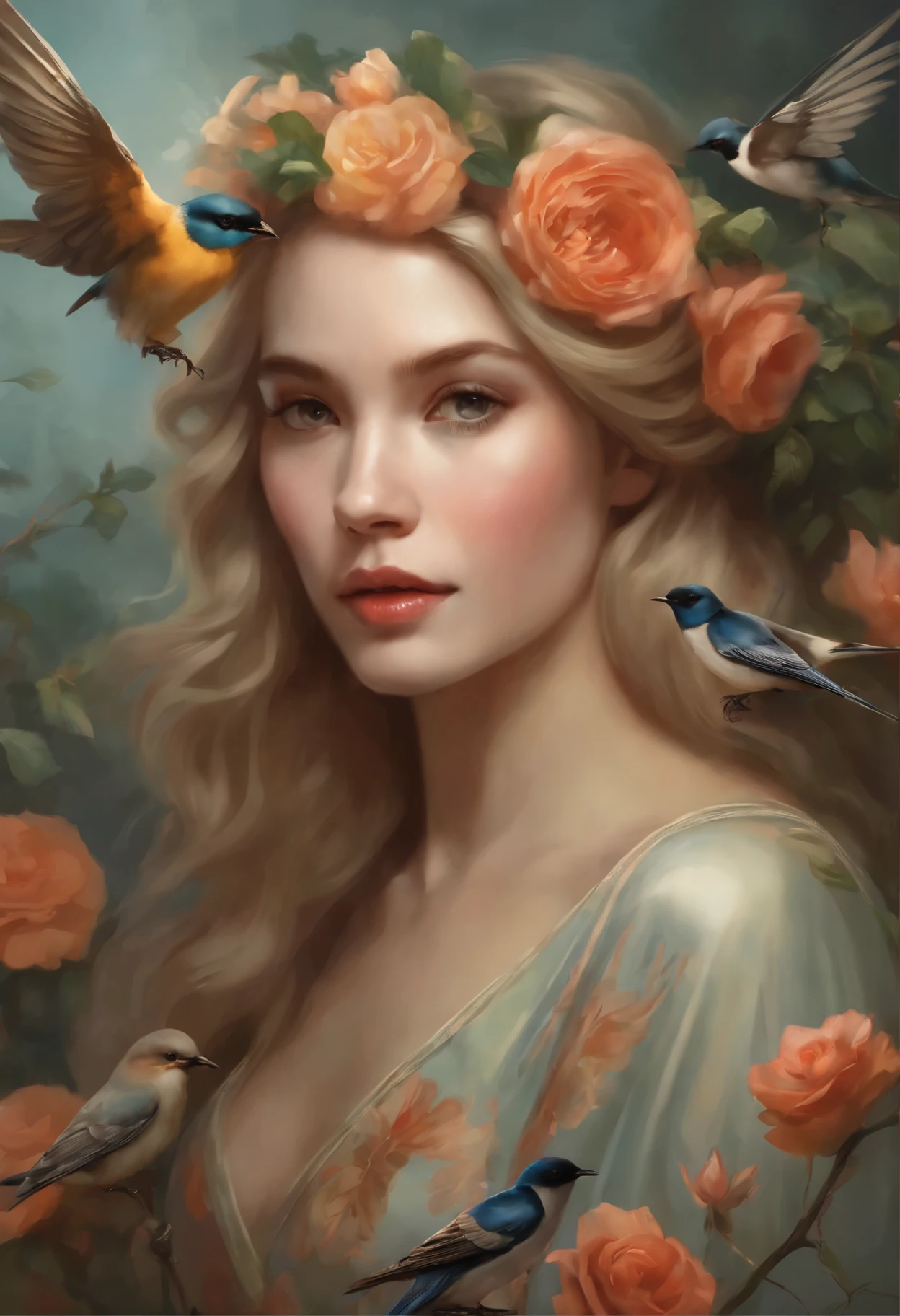 photo of a young blonde woman in a floral dress with a bird (swallow)in hands and a flower crown, magali villeneuve', In the style of Anna Dittmann, magali villeneuve and monet, beautiful character painting, Heather Theurer, Ghibli Tom Bagshaw, artwork in the style of guweiz, Adi Granov, jinyoung shin art, Ye Xin, Annie Stegg Gerard