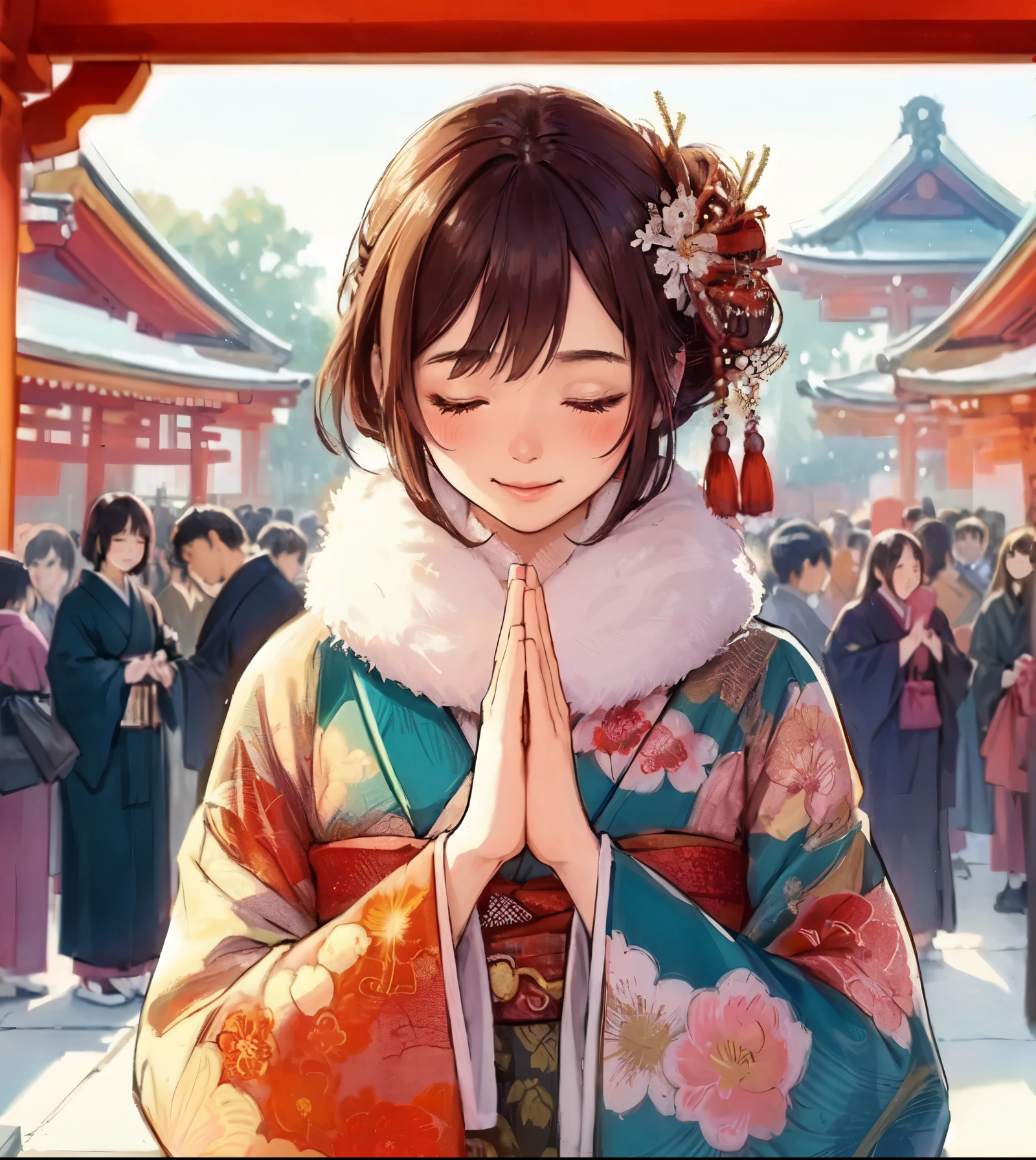 1lady solo, (bringing palms together (in front of face:1.2):1.2), (vibrant kimono) flower ornament, mature female, /(brown hair/) bangs, blush light smile (eyes lightly closed:1.1), (masterpiece best quality:1.2) delicate illustration ultra-detailed, large breasts BREAK (Japanese shrine outdoors), (New Year's Day) winter, /(bricks road/), crowded