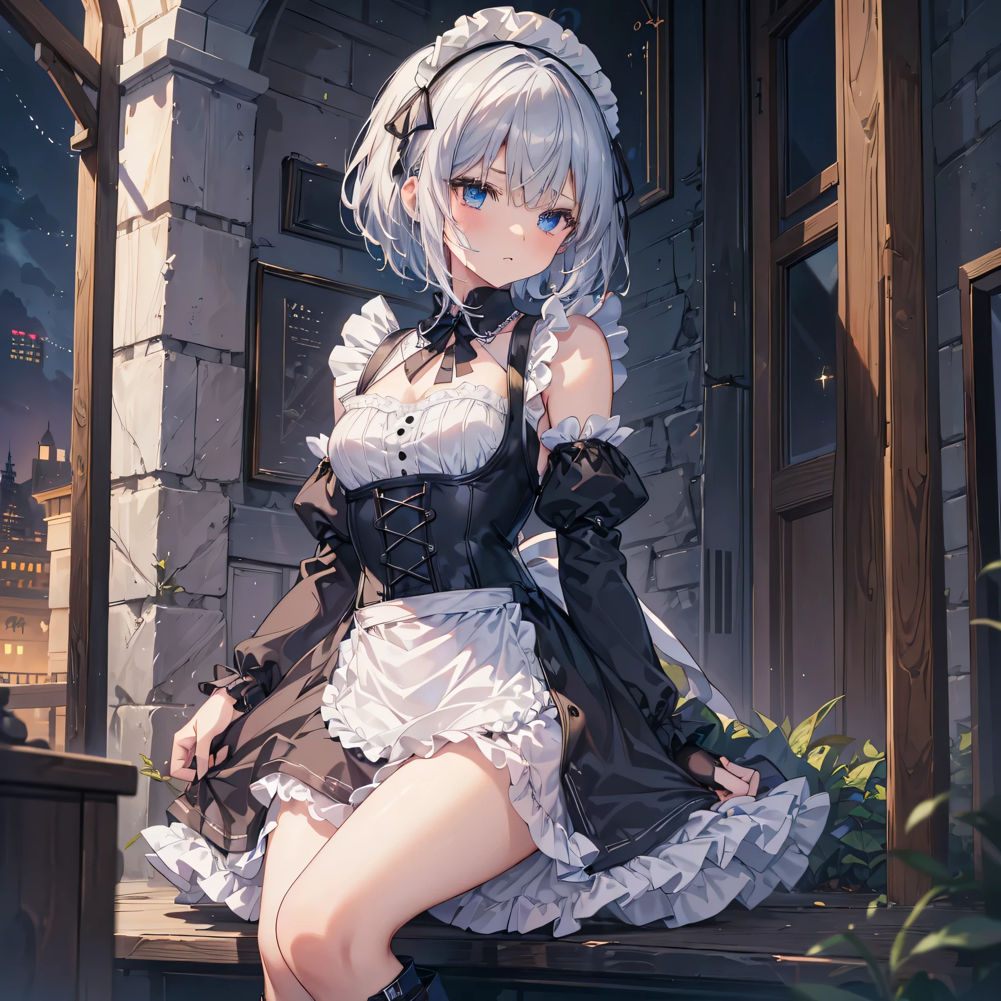 perfect human medicine, {{{{{maid clothes}}}}},small tits,Anime filling,a cool,cyberpunked,{{{{{50-year-old old woman}}}}} ,{{{{{a person is depicted}}}}},(Official art、{{{{{upper bodアングル}}}}},Best Quality、Unity 8k Wallpapers、32K、​masterpiece、ultra-detailliert、超A high resolution, realisitic、Looking back,Grabbing hair with your hands, Photorealsitic:1.2)、(Cinematic lighting:1.2)、small tits,Fireglow effect、The grainiest shadow of the film、Rim lighting、side lights、sideshot、(ultra-detailliertで複雑な3Dレンダリング)、Very short hair, Short Wolf Hair,Detailed beautiful face and eyes、Sharp pupils、Realistic pupils、A slender、１Man Woman、small tits、white maid hat, Highly detailed background、beauitful face、-yeld beiful girl、(ultra-detailliertなスキン、detailed skin textures:1.Silver hair:1.3)、Blunt bangs、Blue eyes、{{{{{Black Maid Costume}}}}}、white apron costume、Black knee socks、(thighs thighs thighs thighs:0.8)、Black Bhutan stick and beautiful night sky、Medieval city at night、On the roof of the tower:1.4)、(Looking away、overlooking a city:1.3)、Fantastical、deadpan,Smaller face,(masutepiece), Best Quality, deadpanな目, Perfect face, 1 girl, Solo, Eye color is light blue, hair between eye, Very Shorthair, Blue eyes, silber hair, Two-tone eyes, long boots, archery shooting gloves, Badge, corsets,Black Gloves, Long sleeves, Futuristic floating city, upper bod,