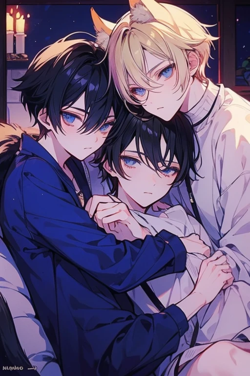 Unparalleled beauty,face perfect、Fireplace flame、lying down on the rug、a warm sight、(2man,Gay Male Relationships),Perfect Eye、Blue Eye、 By Shinkai Makoto、Animal ears、Animal tail、a blonde and a black hair、nightwear、s Pajamas、What will it look like then?&#39;Sleeping、smil、