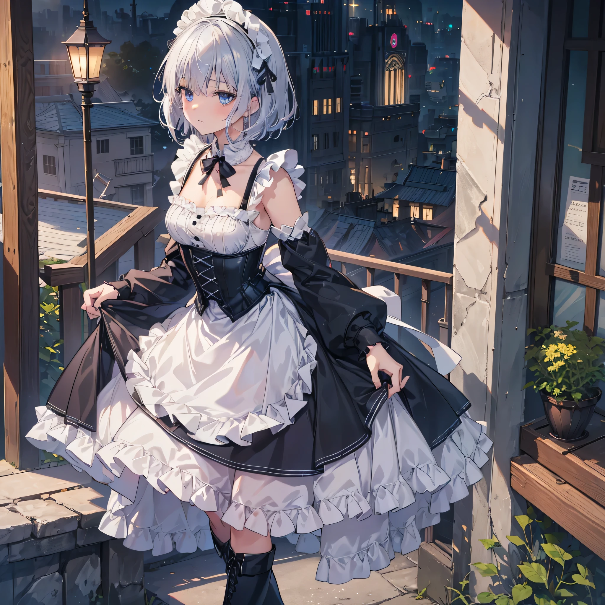 perfect human medicine, {{{{{maid clothes}}}}},small tits,Anime filling,a cool,cyberpunked,{{{{{50-year-old old woman}}}}} ,{{{{{a person is depicted}}}}},(Official art、{{{{{upper bodアングル}}}}},Best Quality、Unity 8k Wallpapers、32K、​masterpiece、ultra-detailliert、超A high resolution, realisitic、Looking back,Grabbing hair with your hands, Photorealsitic:1.2)、(Cinematic lighting:1.2)、small tits,Fireglow effect、The grainiest shadow of the film、Rim lighting、side lights、sideshot、(ultra-detailliertで複雑な3Dレンダリング)、Very short hair, Short Wolf Hair,Detailed beautiful face and eyes、Sharp pupils、Realistic pupils、A slender、１Man Woman、small tits、white maid hat, Highly detailed background、beauitful face、16-year-old beautiful girl、(ultra-detailliertなスキン、detailed skin textures:1.Silver hair:1.3)、Blunt bangs、Blue eyes、{{{{{Black Maid Costume}}}}}、white apron costume、Black knee socks、(thighs thighs thighs thighs:0.8)、Black Bhutan stick and beautiful night sky、Medieval city at night、On the roof of the tower:1.4)、(Looking away、overlooking a city:1.3)、Fantastical、deadpan,Smaller face,(masutepiece), Best Quality, deadpanな目, Perfect face, 1 girl, Solo, Eye color is light blue, hair between eye, Very Shorthair, Blue eyes, silber hair, Two-tone eyes, long boots, archery shooting gloves, Badge, corsets,Black Gloves, Long sleeves, Futuristic floating city, upper bod,