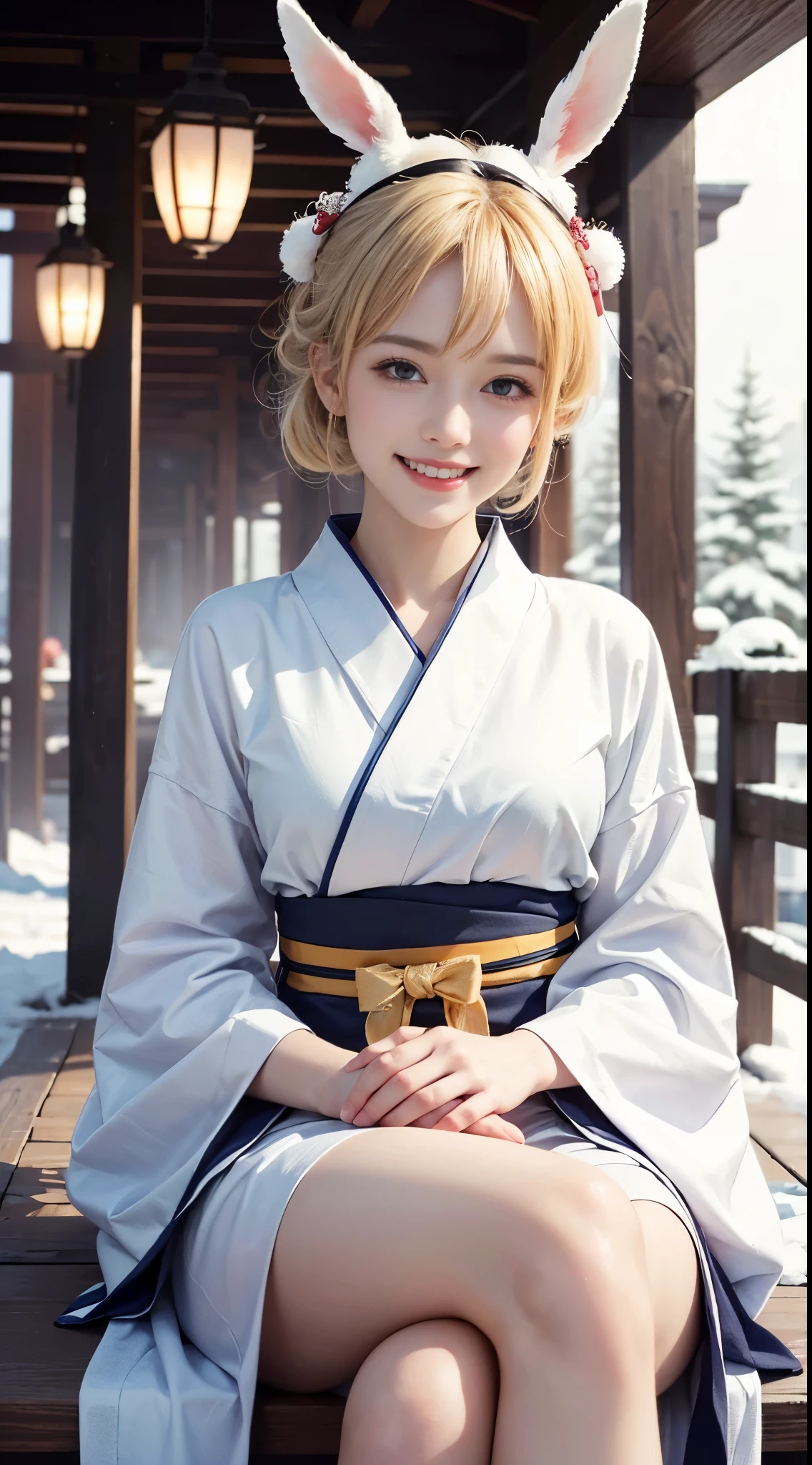 shrines, torii gate, Kimono appearance, Furisode, white rabbit hair muffler, Dress warmly, snowscape, (Uhard disk, retinas, masutepiece, 准确, Anatomically correct, Textured skin, Super Detail, high details, High quality, Best Quality, hight resolution, 1080p, hard disk, 4K, 8K, 16 K), (Beautiful detailed eyes, Beautiful detailed lips, extremely detailed eye and face), Soft lighting, Physically-based rendering, Vivid colors, (Portrait, Shiny hair, Shiny skin, blush), (Bokeh), eye reflections, (Happy smile:1.5), (sit:1.2), Blonde hair, profile, Long legs,