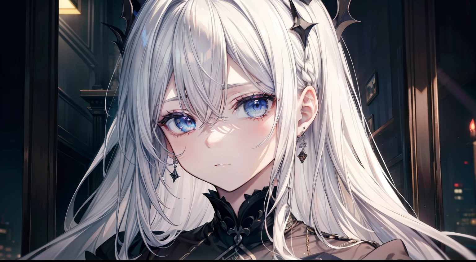 (masutepiece, Best Quality), Intricate details, 8K, Sharp focus quality) (Detailed skin:1.3) (Intricate details) (8K) (Detailed eyes) (Anime) Man's character, Soft hair, Long hair, White hair, Light blue eyes, Man's, Anime Man's, frontage, 素敵なMan's子, Perfect face, Detailed eyes, Bold background, Detailed accessories, Unique costumes, Sharp eyes, Man's, A young man, Idol, dark color, pale skin, Vampire, tusk, Defined features, Model, Gothic, Symbolism, Comfortable clothing, Dark room, Cluttered room, Indoors, Detailed background, Bold colors, bold outline, Sharp face, Nighttime, Night, Pose, Handsome, sleepy, Tired, drooing eyes