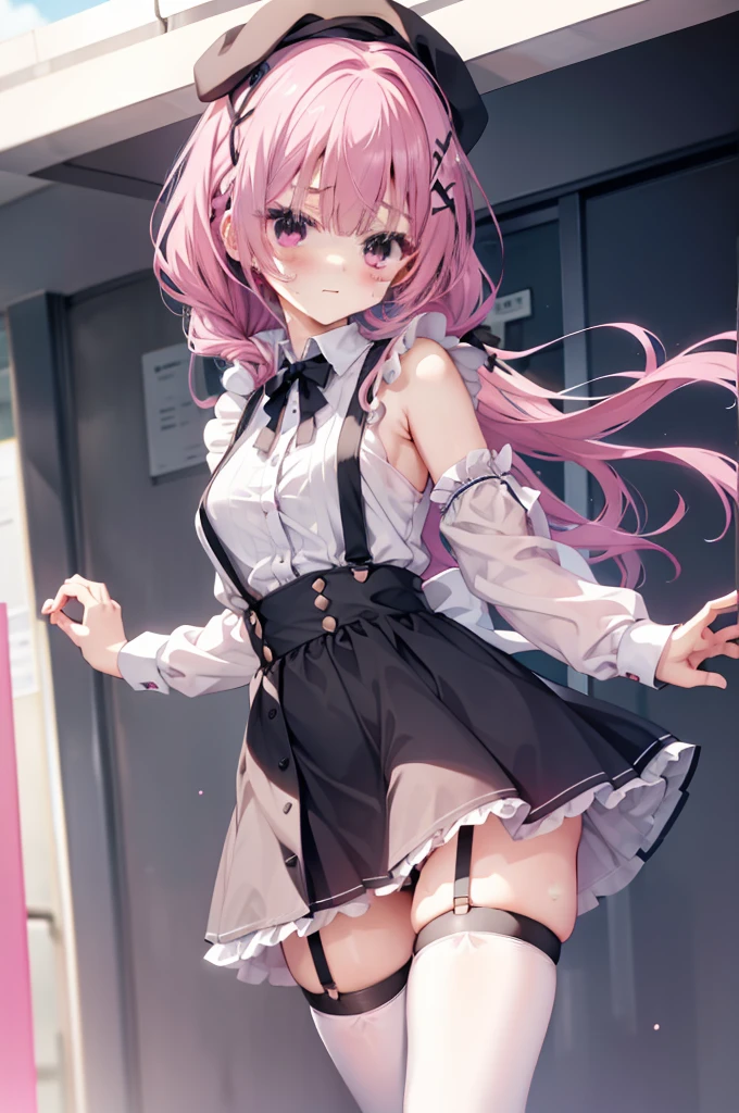 one-girl,soio,the maid outfit,black short skirt,Suspenders,A pink-haired,is shy,Be red in the face,suspenders ,Garter belt on the legs,Expose the armpits,Sweating in the armpits,firm appearance,Mitsukasa Ayase