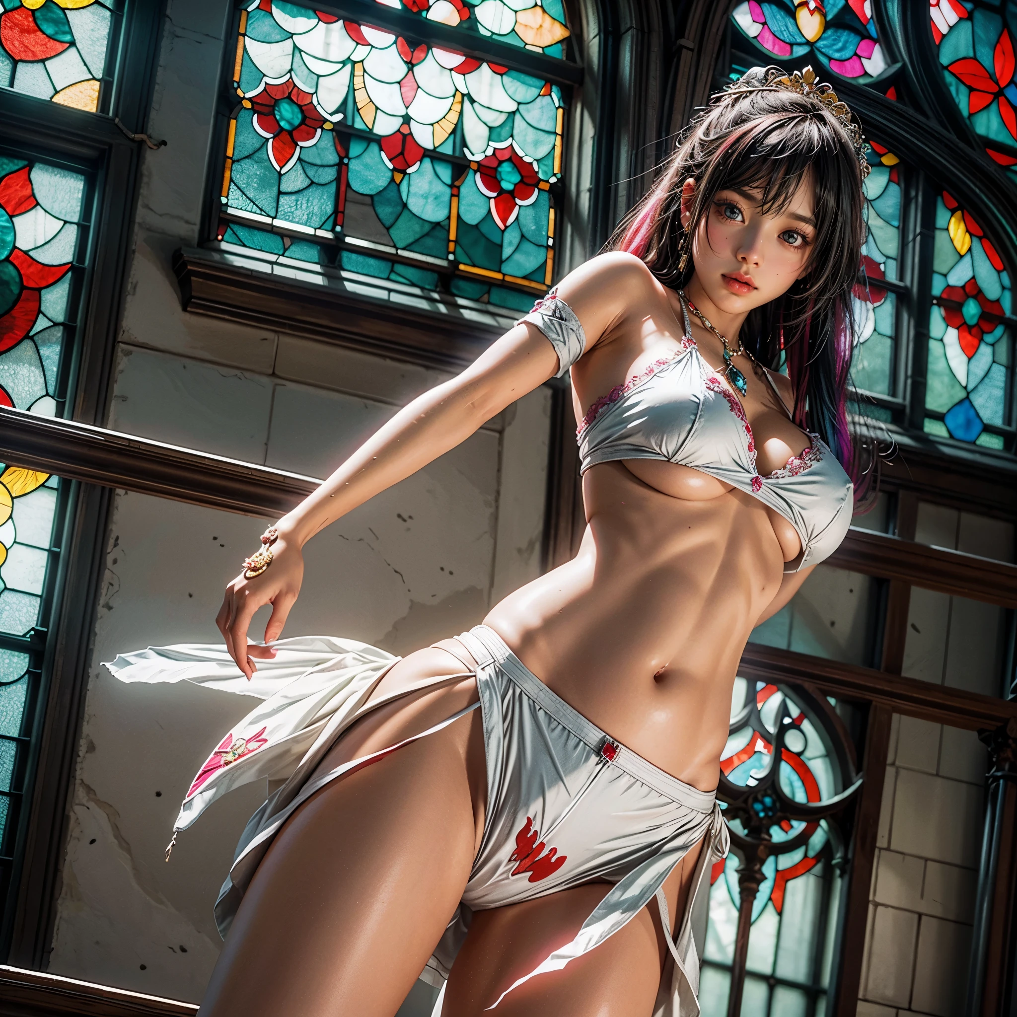 NSFW:-0.8 . White and Red, (Dazzling colorful light pours down:1.2), (Physically-based Rendering with incredible detailed Textures), Award-winning Masterpiece of professional Analogue photograpy, (Realistic:1.2) and (((Hyper-Realism:1.37) with touch of rawness, Acutance:0.8)) . (A group photo of 9 KAWAII girls in (school uniform)) with opened Overflowing Gigantic Cleavage without bra . (((Extremely detailed KAWAII face variations)) with joyful expressions), { Systemic | Navel | (pretty Ass) | (Overflowing underboob) | White panties with (blood seeping only in crotch area) | (full of Flowers covering girl's body) | ((Dazzling colorful stained glass with stunning elaborate details:1.2)) | A Dazzling Halo appears | God rays | Haze | Mystic sight | Lens flare | Zoom Layer } . (Exposed:0.95), (((nipple:-0.9))), ((not Detailed fingers:-0.9)) .