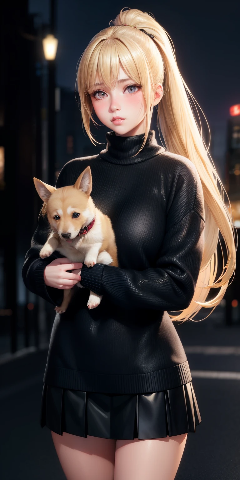 realistic, 1girl, blonde hair, black eyes, glowing eyes, sweater, skirt, parted lips, blush, night, ponytail, holding a cute puppy