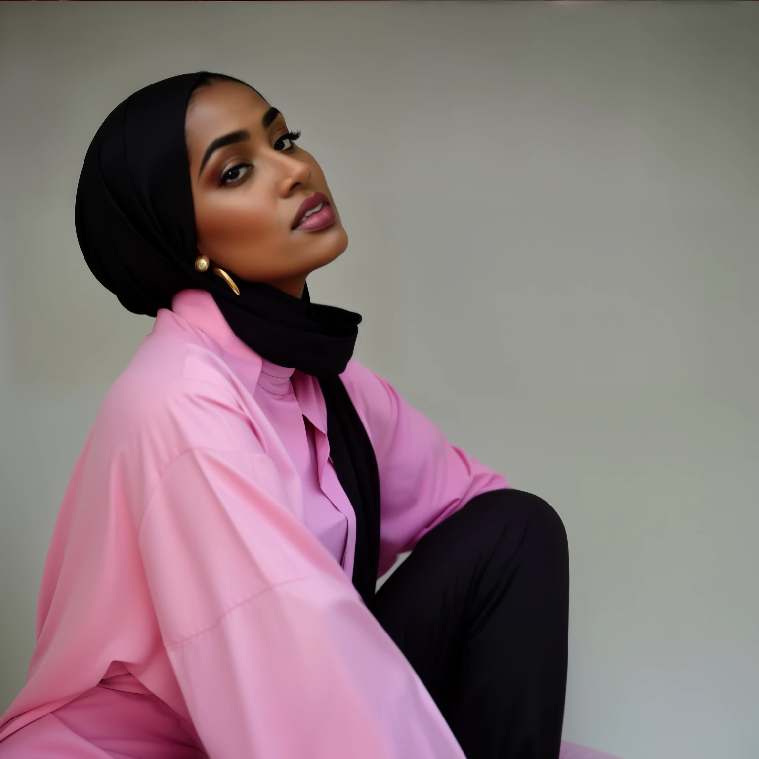 there is a woman sitting on a stool wearing a pink shirt and black pants, aida muluneh, photo shoot, inspired by Ras Akyem, photoshoot, african ameera al taweel, riyahd cassiem, casual pose, taken in the early 2020s, by Ella Guru, mid shot portrait, photo portrait