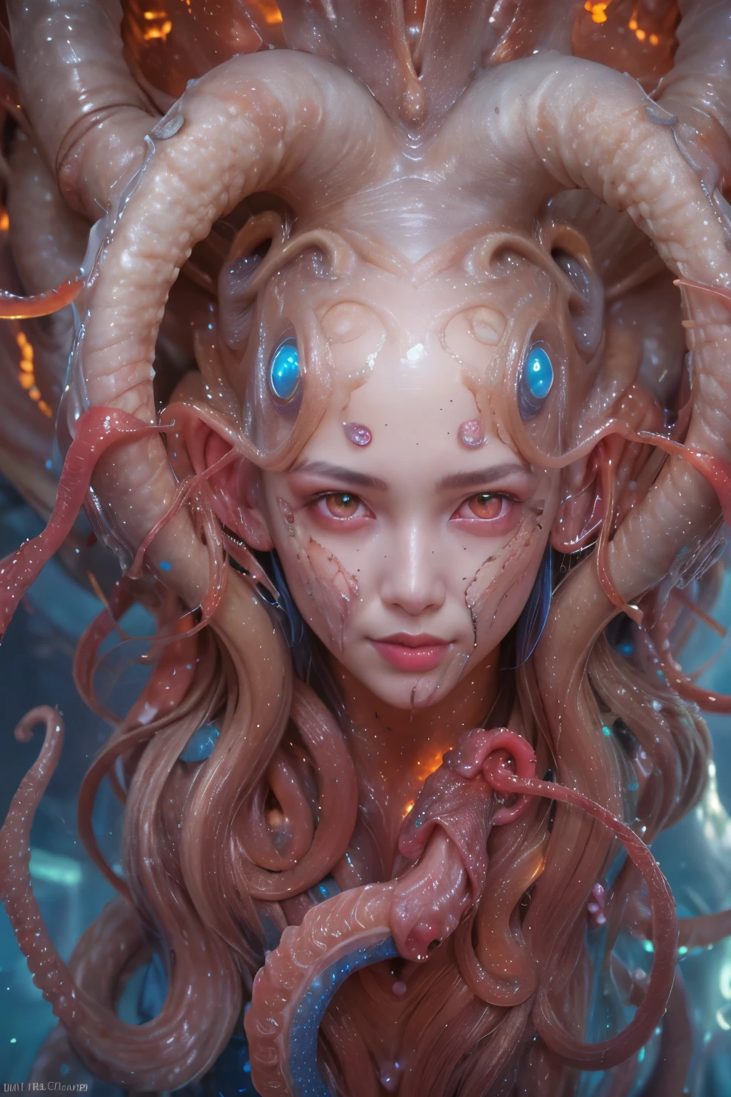 Portrait, (1 beautiful female alien:1.2), ((There is a female genital-like organ in the middle of the forehead.:1.9)), (The most beautiful face in the history of the universe:1.2), (Scarlet eyes that shine mysteriously:1.6), (Translucent skin:1.8), an evil gaze that seduces, (red eyes:1.5), (large mouth:1.1), sharp teeth like a shark, Full body like, (bio luminescent:1.2), (Smile wickedly:1.3), (sexypose:1.5), alien, No humans, cells are fused, (Lots of translucent tentacles:1.1) (Translucent skin:1.3), extraterrestrial, cell, bio image, Best Quality, 8K,4K_quality, High Definition, Dramatic Lighting, masutepiece:1.5,cinematic quality, detail up, (Intricate details:1.2), High resolution, High Definition, drawing faithfully, (Thick eyebrows:1.2), Beautiful eyes with fine symmetry, (Ultra detailed eyes:1.2),(Highly detailed face and eyes:1.2), (High-resolution red-eye:1.4), Intimate face, (Super detailed skin quality feeling:1.4), Perfect Anatomy, (Beautiful toned body:1.5), (Moist skin:1.2), No makeup, (dark circles:1.1), long canines, cinematic drawing of characters, ultra high quality model, cinematic quality, detail up, (Intricate details:1.2), High resolution, High Definition, drawing faithfully, Official art, Unity 8K wall , 8K Portrait, Best Quality, Very High resolution, ultra detailed artistic photography, midnight aura, unreal enginee 5, Ultra Sharp Focus, art by alberto seveso, ArtGerm, Roisch, intricate artwork, best quality, masutepiece, ultra High resolution, (photos realistic:1.4), Ultra-realistic realism, dream-like, nautilus, Creation of fantasy, Snail, Dream Snail, (biopunk nautilus:1.3), Thrilling color schemes, Ultra-realistic realism, seductively smiling, Blue tentacles, Creatures that mimic humans