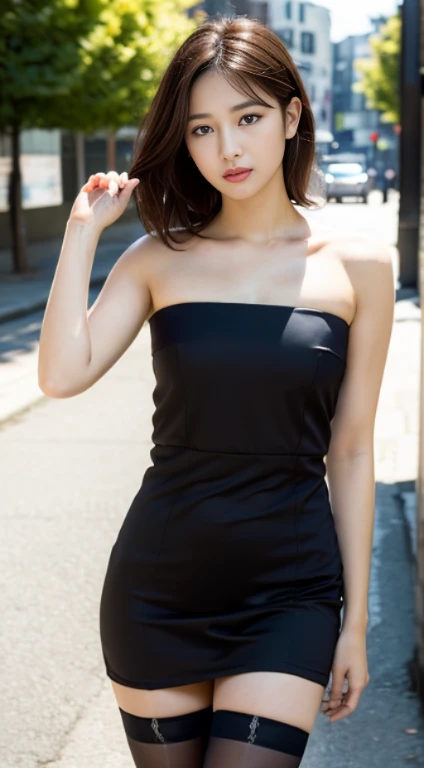 1girl in, Calm, Closed mouth, Collared shirt,, ((Realistic lighting, Best Quality, in 8K、masutepiece: 1.3)), Clear focus: 1.2, 1 Perfect Body Beauty: 1.4, Slim abs: 1.1, ((dark brown hair)), (Bandeau Dress: 1.4), (plein air, Night: 1.1), the city street, Super fine face, Fine eyes, Double eyelids, Black stockings