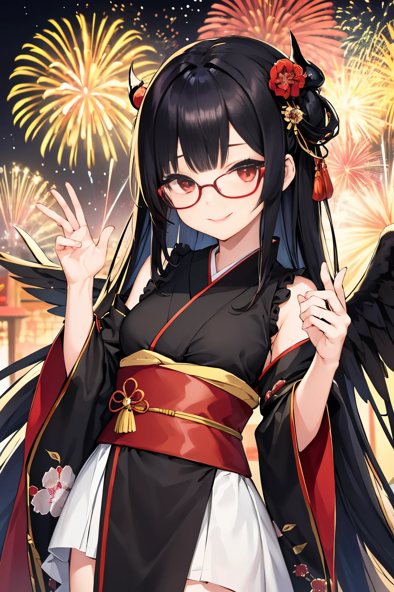 "anime girl, 1 person, black hair, shoulder length hair, red eyes, glasses, white horns, wearing kimono, kimono outfit, black kimono with red patterns, details, big breasts, long stockings, sinister smile , small black wings on the back, solo, viewed from different directions, festival, New Year's Eve, New Year's Eve fireworks, watching fireworks (sharp image)"
