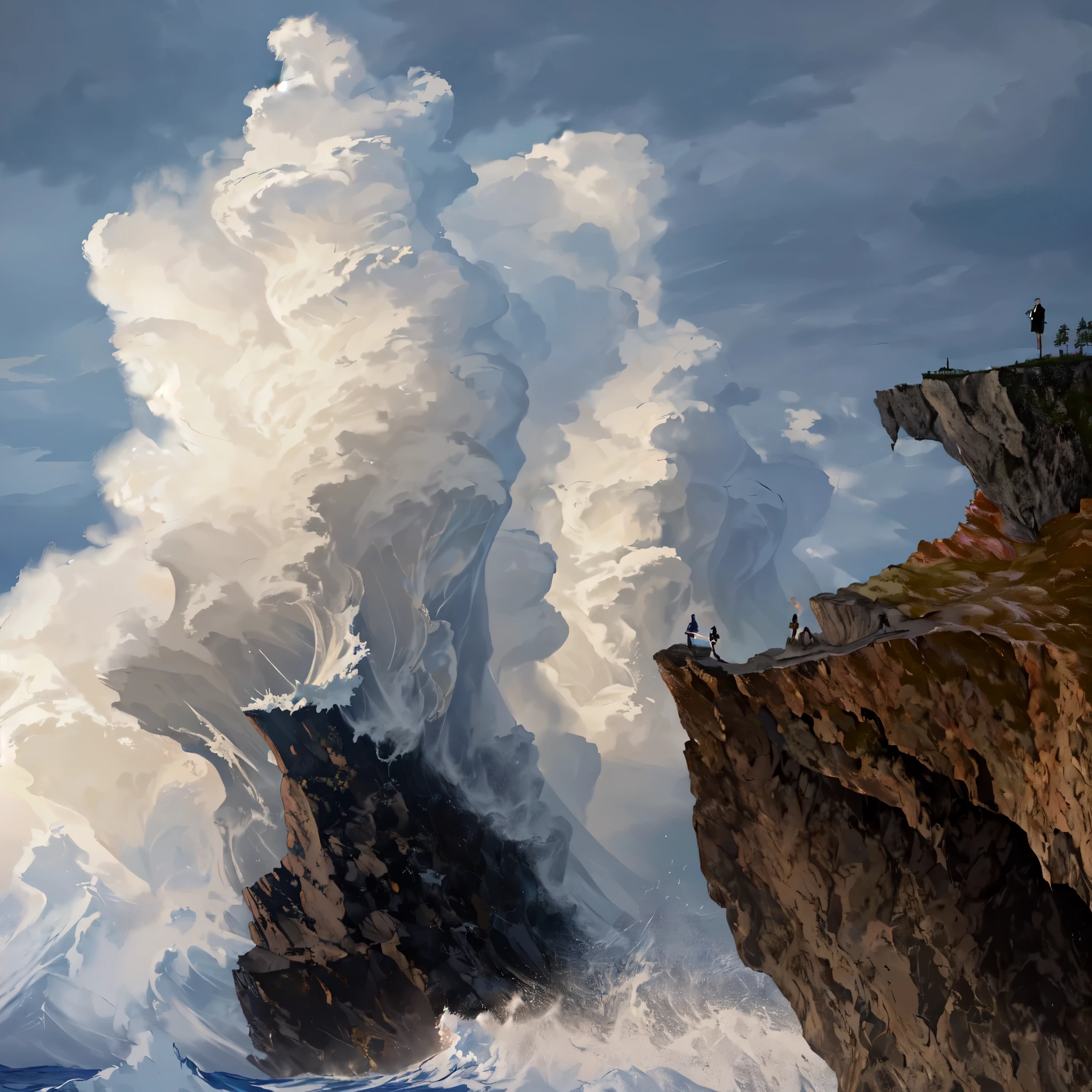 araffes of large waves crashing over a rocky cliff, large waves hitting the cliff, sea storm and big waves cliffs, waves crashing, waves crashing at rocks, towering waves, large waves crashing over it, crashing waves, torment and waves, turbulent waves, massive waves, highly turbulent, fierce huge waves, tumultuous sea, big wave and foam