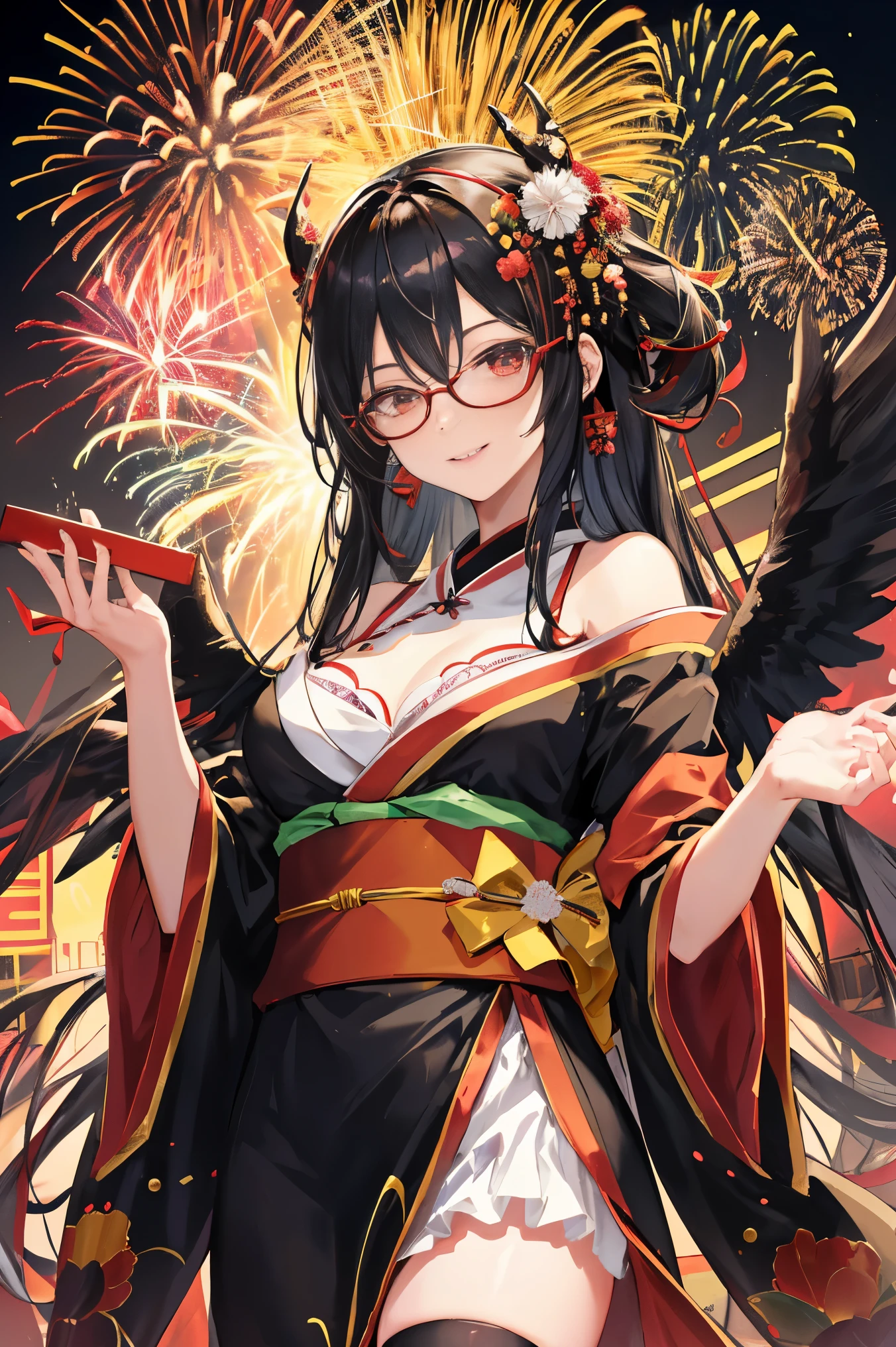 "anime girl, 1 person, black hair, shoulder length hair, red eyes, glasses, white horns, wearing kimono, kimono outfit, black kimono with red patterns, details, big breasts, long stockings, sinister smile , small black wings on the back, solo, viewed from different directions, festival, New Year's Eve, New Year's Eve fireworks, watching fireworks (sharp image)"