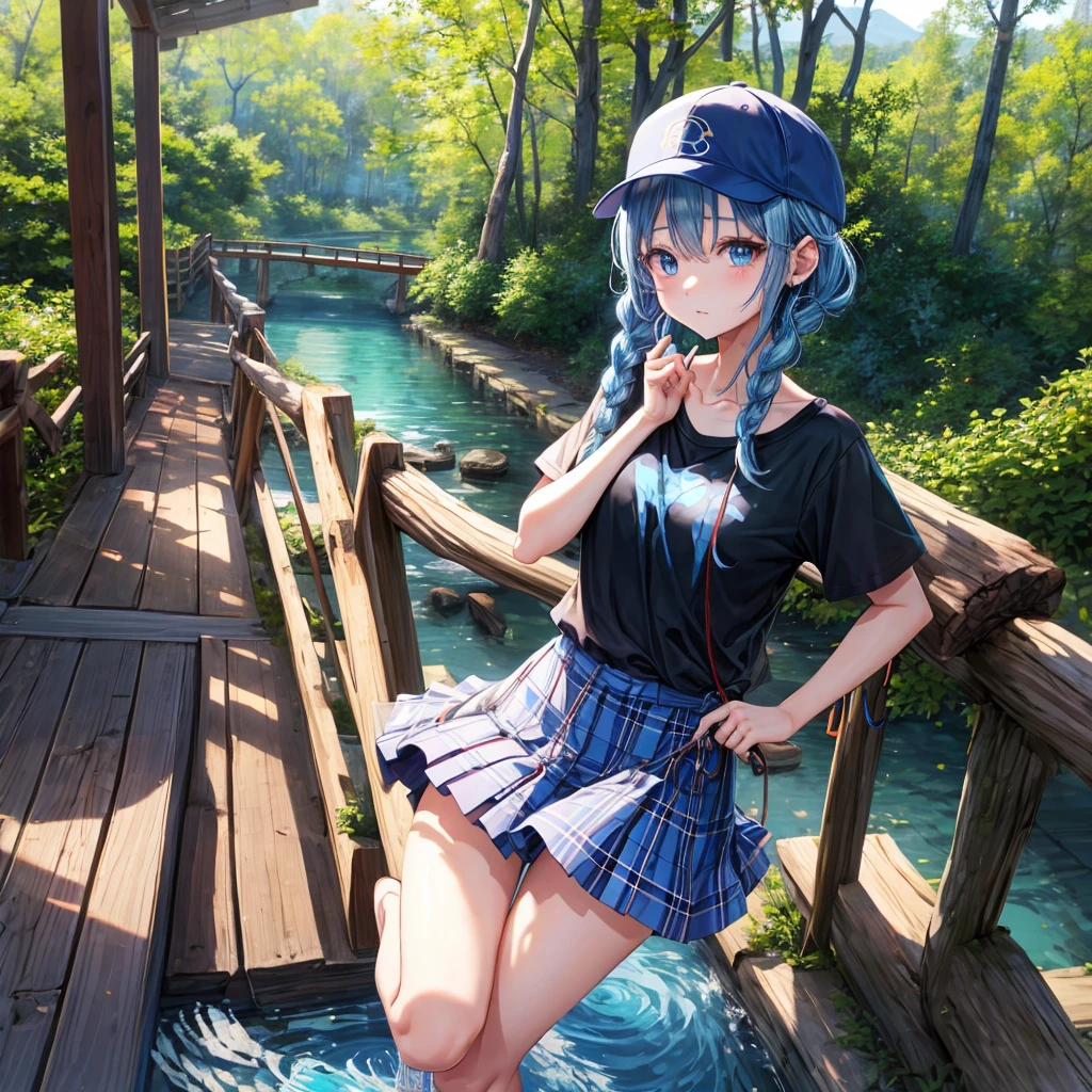 Blue hair、blue eyess、Braids、one good looking girl、独奏、animesque、Plaid miniskirt、Black T-shirt、camisole、the woods、Wearing a plaid baseball cap、bare-legged、Tilting your face、Walking、Crossing a log bridge while keeping balance、Doing the ribbon、have a twig、climbing the wooden stairs、falls、Blue Topaz、Sunset sky、Wearing headphones