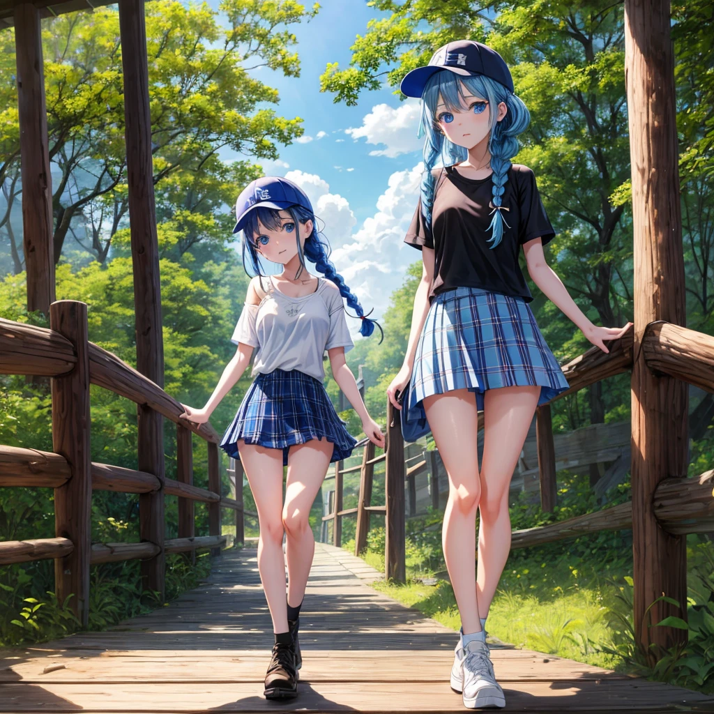 Blue hair、blue eyess、Braids、one good looking girl、独奏、animesque、Plaid miniskirt、Black T-shirt、camisole、the woods、Wearing a plaid baseball cap、bare-legged、Tilting your face、Walking、Crossing a log bridge while keeping balance、Doing the ribbon、have a twig、climbing the wooden stairs、falls、Blue Topaz、Sunset sky、Wearing headphones