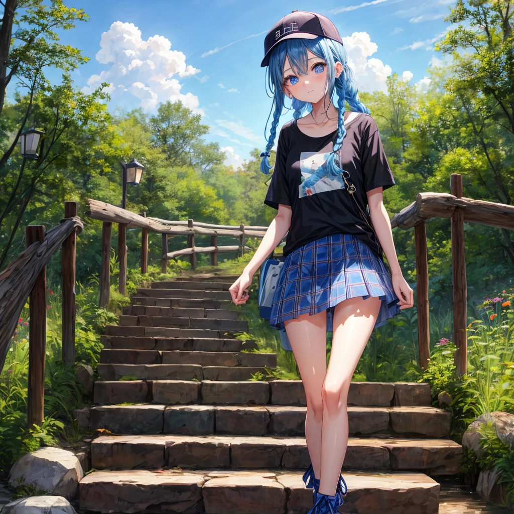 Blue hair、blue eyess、Braids、one good looking girl、独奏、animesque、Plaid miniskirt、Black T-shirt、camisole、the woods、Wearing a plaid baseball cap、bare-legged、Tilting your face、Walking、Crossing a log bridge while keeping balance、Doing the ribbon、have a twig、climbing the wooden stairs、falls、Blue Topaz、Sunset sky、Wearing headphones