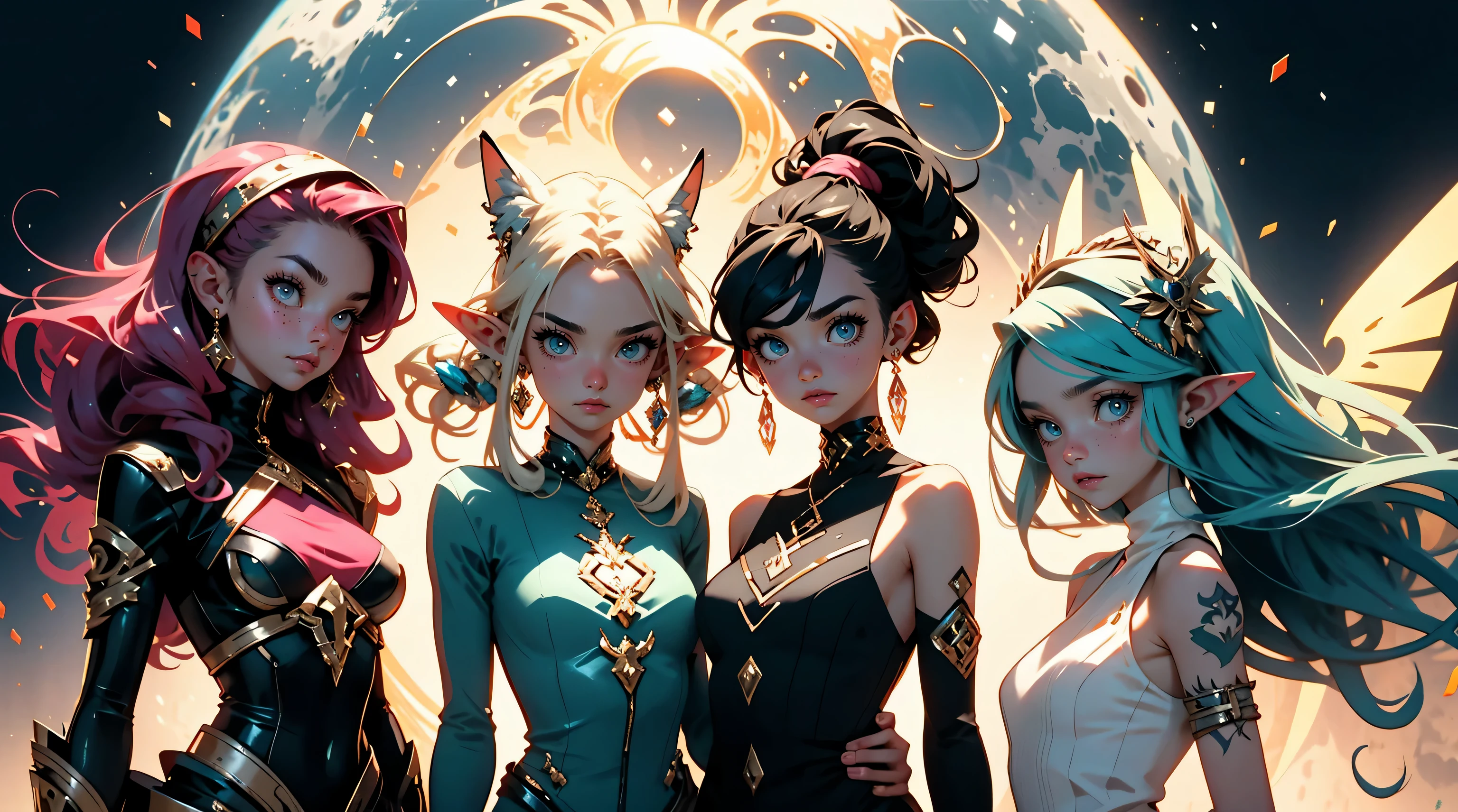 three beautiful elf females 20 years old, nudist, no clothes, extreme abs, cute face, crazy hair, colored hair, yellow eyes, deep fashion, cyberspace, surreal, virtual reality, Holographic Symphony, video game, crazy colors, NanoSorcerer's Symphony, Data Landscapes, beautiful tattoos, weird perspective, dramatic light, dungeons and dragons, quest, adventurers, action, playfull, cute, profound, cat ears, Pixel Potions and Portals, dramatic glowing halos, group photo, temple, magical energies, witchcraft, permanent love energy, Quantum Perspectives