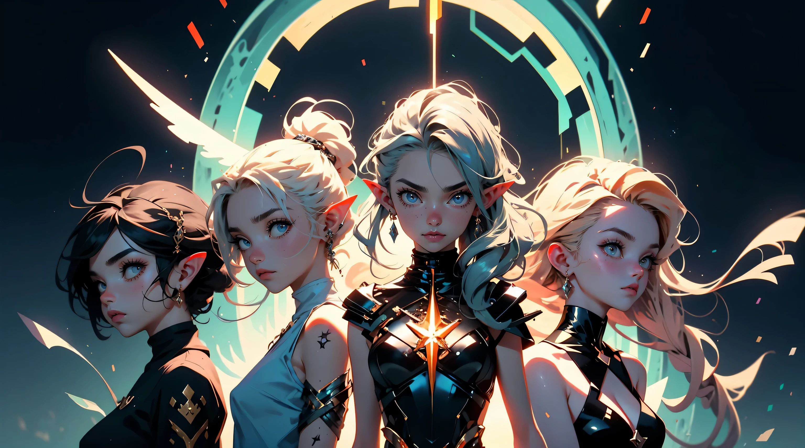 three beautiful elf females 20 years old, nudist, no clothes, extreme abs, cute face, crazy hair, colored hair, yellow eyes, deep fashion, cyberspace, surreal, virtual reality, Holographic Symphony, video game, crazy colors, NanoSorcerer's Symphony, Data Landscapes, beautiful tattoos, weird perspective, dramatic light, dungeons and dragons, quest, adventurers, action, playfull, cute, profound, cat ears, Pixel Potions and Portals, dramatic glowing halos, group photo, temple, magical energies, witchcraft, permanent love energy, Quantum Perspectives