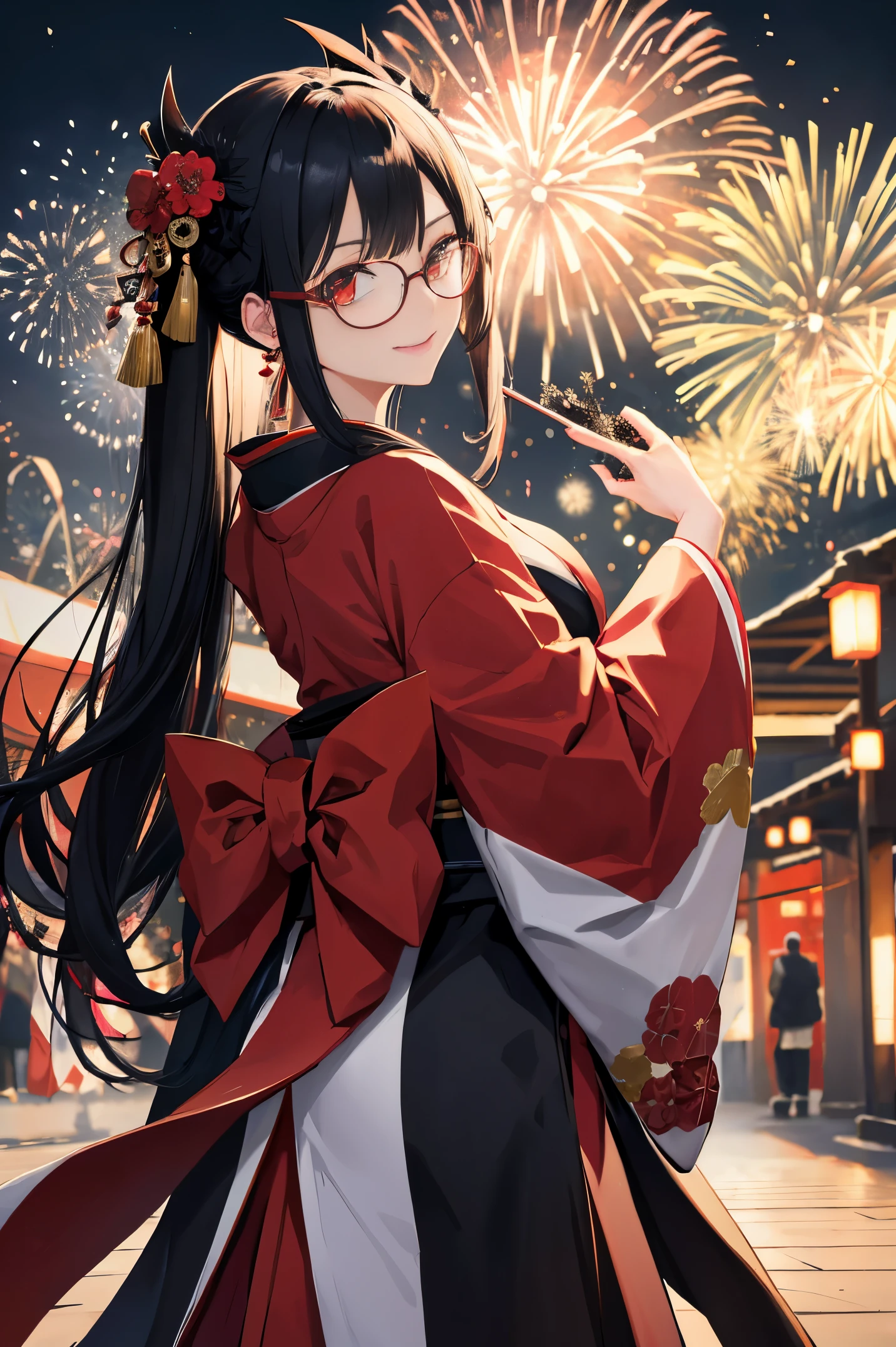 "anime girl, 1 person, black hair, shoulder length hair, red eyes, glasses, white horns, wearing kimono, kimono outfit, black kimono with red patterns, details, big breasts, long stockings, sinister smile , small black wings on the back, solo, viewed from different directions, festival, New Year's Eve, New Year's Eve fireworks, watching fireworks (sharp image)"