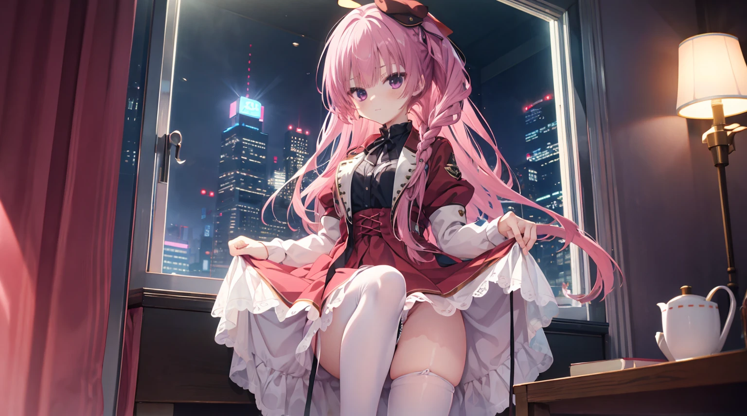 one-girl,soio,Pink Long Hair,Medium-hair long,dishiveredhair,Red dress,red dress,lift skirt yourself,natta,beside a window , night city background,Digital punk, Anime style 4k, in a bedroom,White panty hose,Mitsukasa Ayase、Character-centric