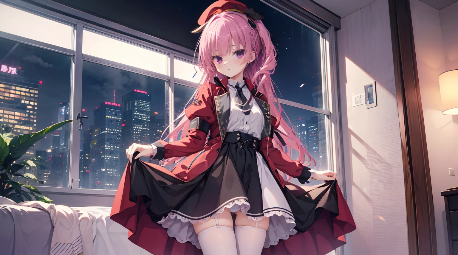 China at night,Young girl,,Uniform skirt,A shirt half-removed,Big Breasts,nude