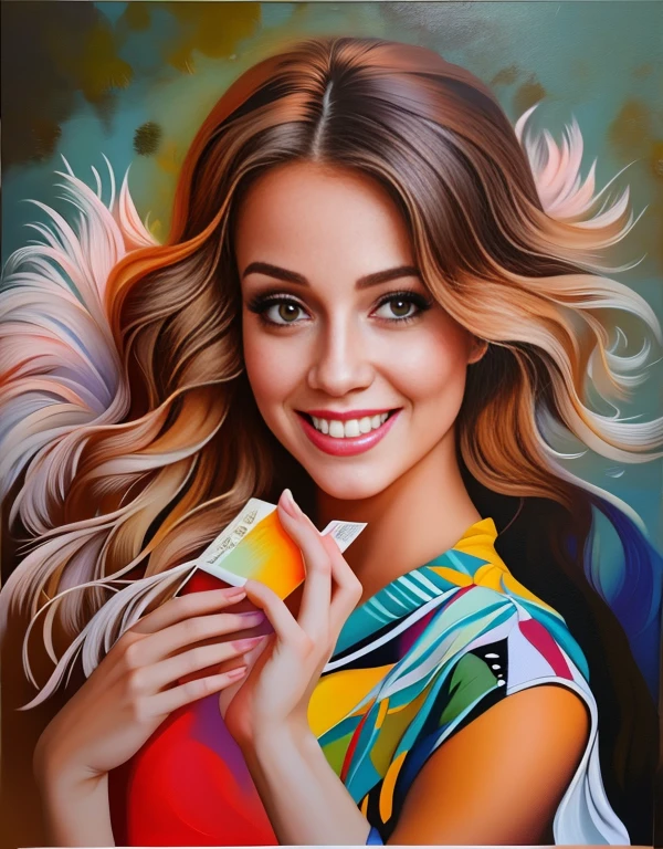 There's a woman with a big smile on her face, in illustration style digital, oilpainting style, retrato colorido detalhado, pintura digital dos desenhos animados, # 1 pintura digital de todos os tempos, #1 pintura digital de todos os tempos, em estilo de pintura digital, estilo de pintura digital, pintura digital altamente detalhada, arte de pintura digital dos desenhos animados, retrato de alta qualidade, pintura digital vibrante