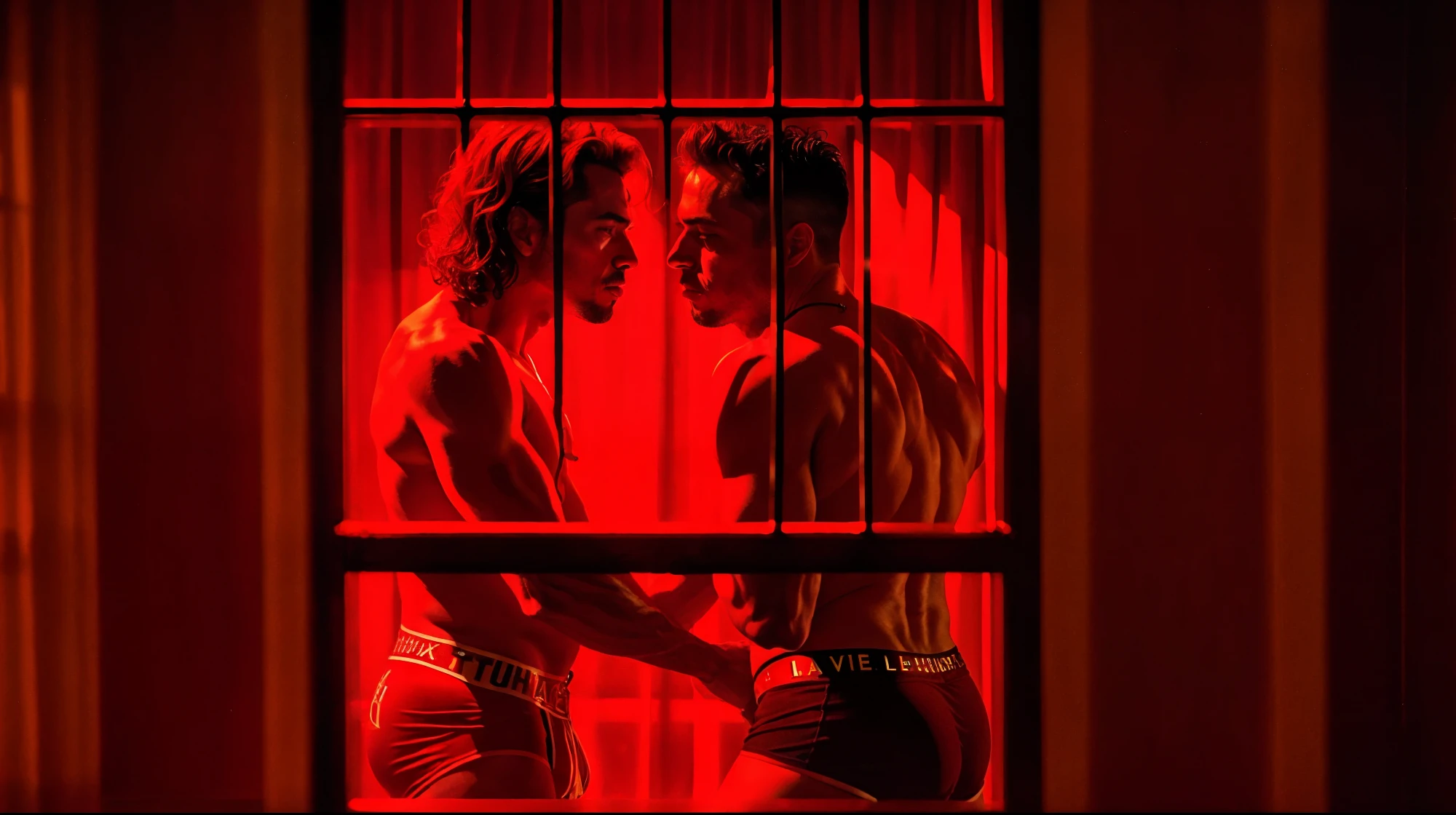 two arafed men in underwear standing very close and trying to kiss each other in a window with red light, atmospheric red lighting, red lighting, red and cinematic lighting, scene from fightclub movie, red light from some windows, inspired by Nan Goldin, against a red curtain, cinematic red lighting, dim red light, detailed red lighting, red light, red room, film still from sin city