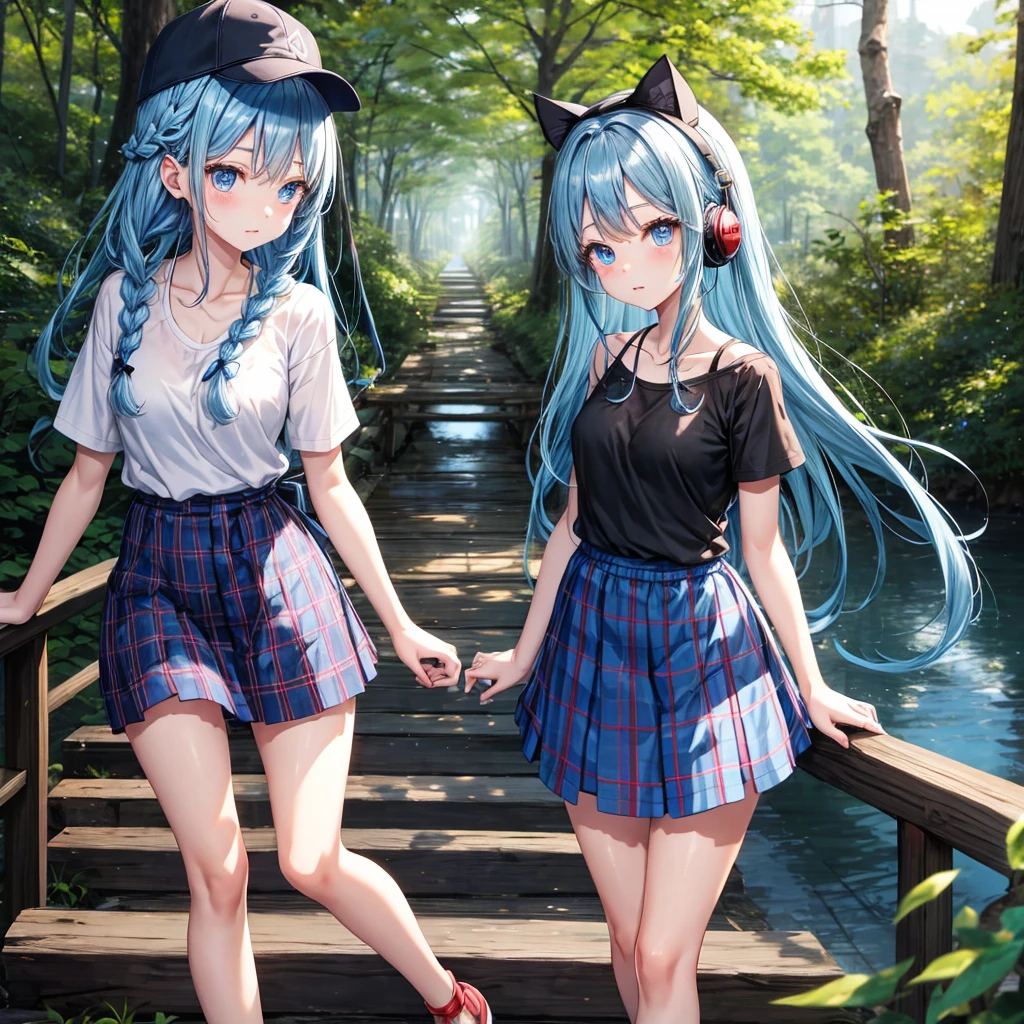 Blue hair、blue eyess、Braids、one good looking girl、独奏、animesque、Plaid miniskirt、Black T-shirt、camisole、the woods、Wearing a plaid baseball cap、bare-legged、Tilting your face、Walking、Crossing a log bridge while keeping balance、Doing the ribbon、have a twig、climbing the wooden stairs、falls、Blue Topaz、Sunset sky、Wearing headphones