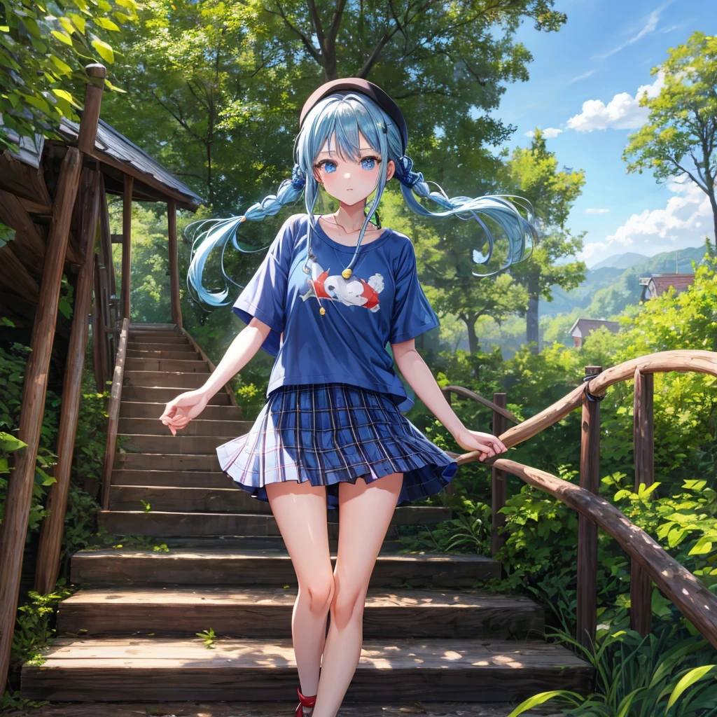 Blue hair、blue eyess、Braids、one good looking girl、独奏、animesque、Plaid miniskirt、Black T-shirt、camisole、the woods、Wearing a plaid baseball cap、bare-legged、Tilting your face、Walking、Crossing a log bridge while keeping balance、Doing the ribbon、have a twig、climbing the wooden stairs、falls、Blue Topaz、Sunset sky、Wearing headphones