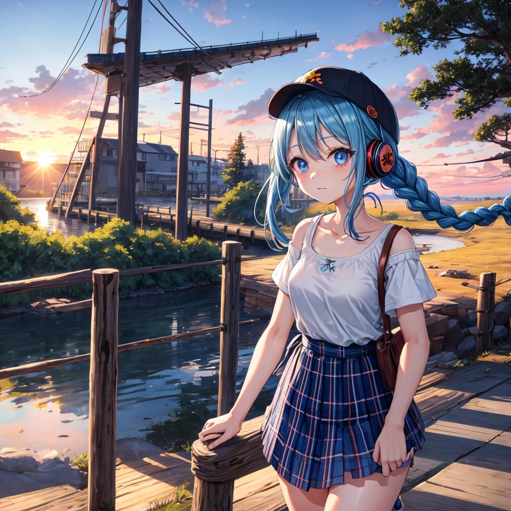 Blue hair、blue eyess、Braids、one good looking girl、独奏、animesque、Plaid miniskirt、Black T-shirt、camisole、the woods、Wearing a plaid baseball cap、bare-legged、Tilting your face、Walking、Crossing a log bridge while keeping balance、Doing the ribbon、have a twig、climbing the wooden stairs、falls、Blue Topaz、Sunset sky、Wearing headphones