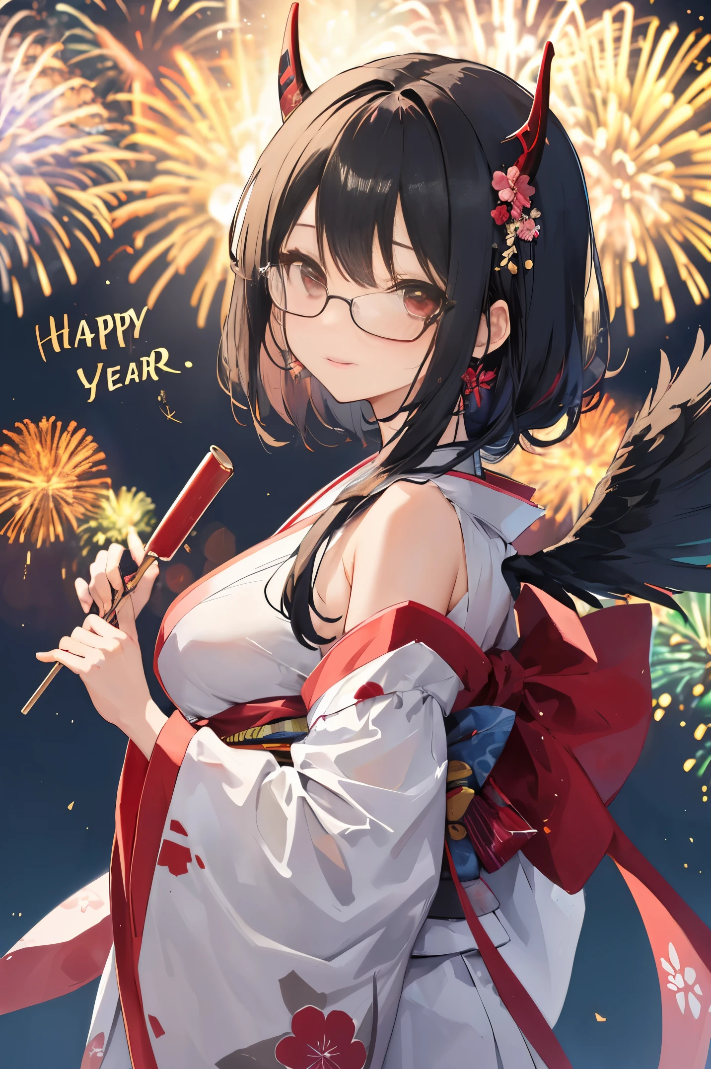 "anime girl, 1 person, black hair, shoulder length hair, red eyes, glasses, white horns, wearing kimono, kimono outfit, black kimono with red patterns, details, big breasts, long stockings, sinister smile , small black wings on the back, solo, viewed from different directions, festival, New Year's Eve, New Year's Eve fireworks, watching fireworks (sharp image)"