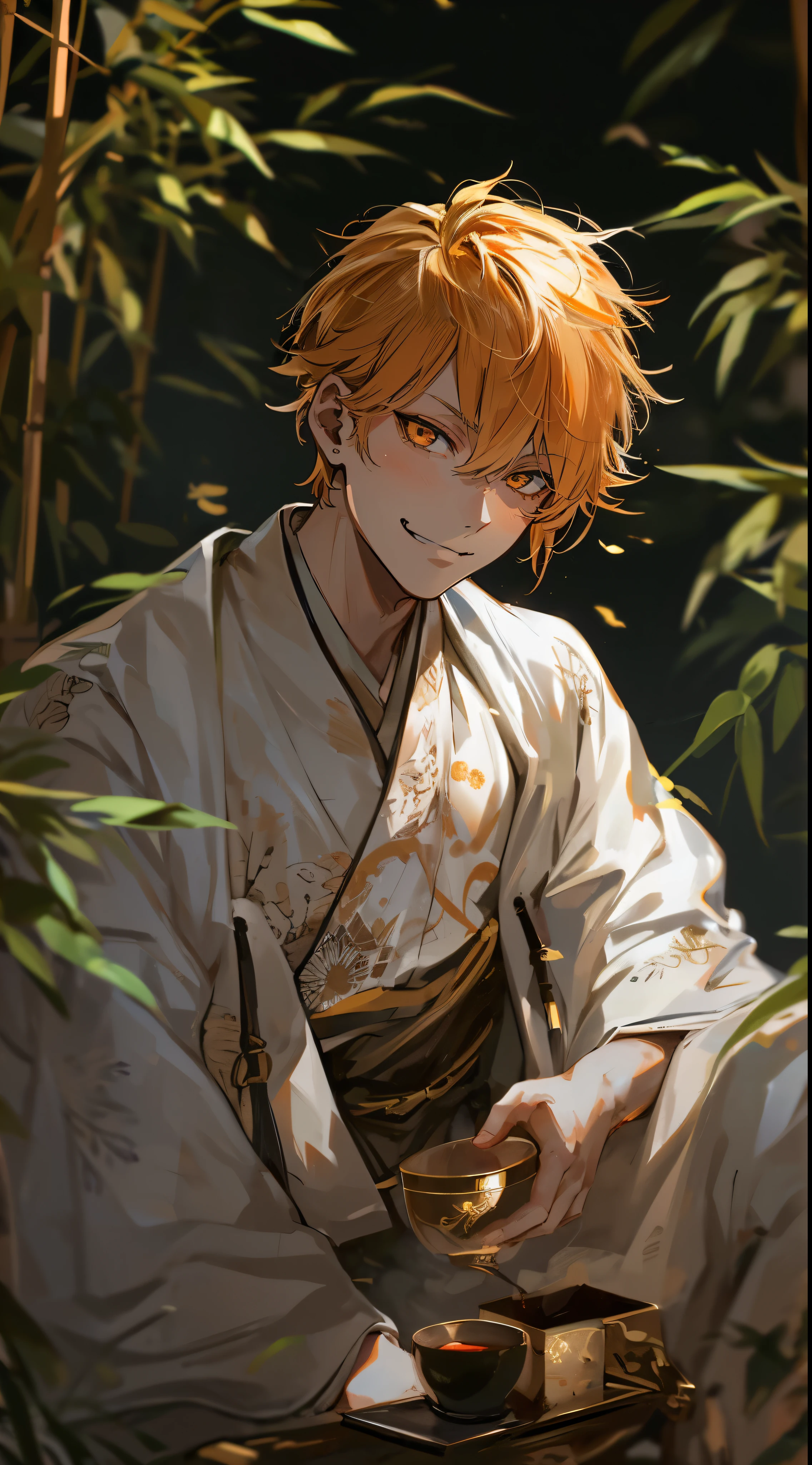 High quality, amount of drawing,(((Japanese anime))), Beautiful young man, short golden hair, Slit orange eyes, slanted eye, masculine white kimono, Holding a cup in your hand, One thin bamboo on black background, Evil smile, cheekbone,High quality, amount of drawing, pixiv illustration