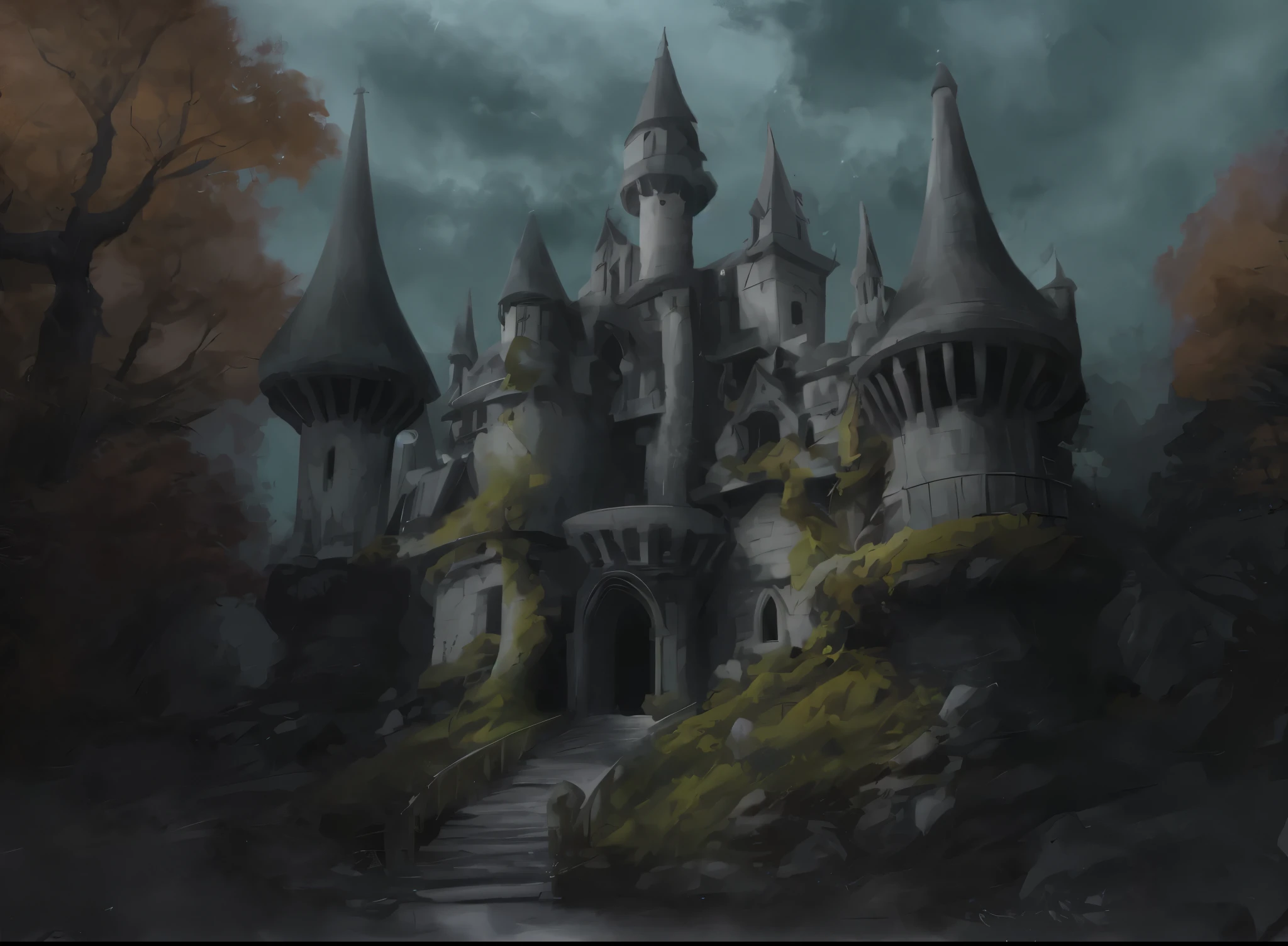 ultra - detailed, tmasterpiece,the good,Fairytale,deep shaping,A lot of detail,ultraclear,There are flowers in front of the castle、tussock,Mysterious castle in the forest,Hand drawn thick paint style,Cinematic texture,