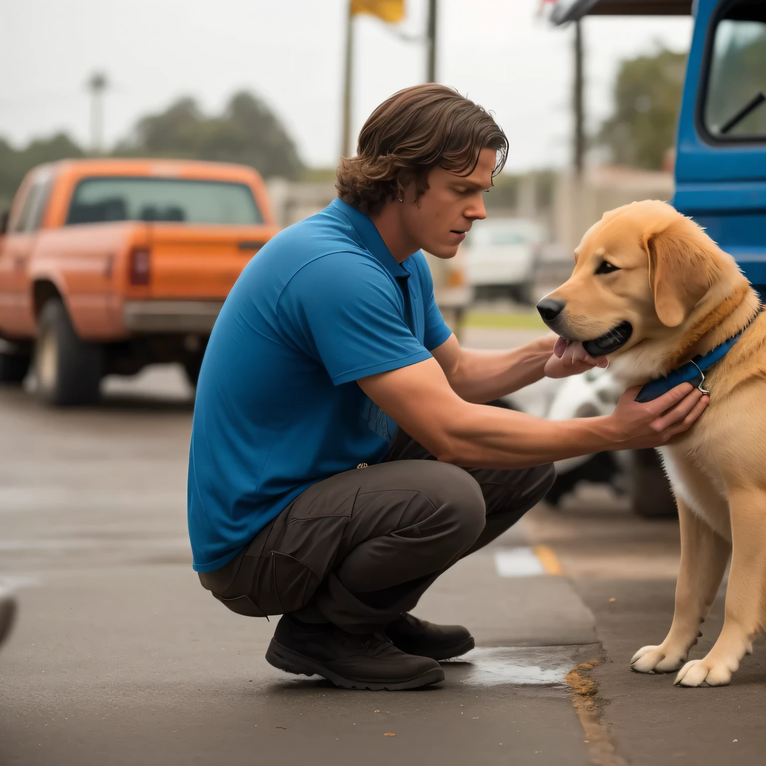 Araffe sitting on the ground with a dog in front of a truck, pet animal, # Film, ainda de um filme live action, filme realista ainda, Directed by: Daniel Schultz, high quality Film still, Max Dennison, very realistic Film still, cena maravilhosa, filme de alta qualidade ainda, by John Luke, Melhor Cena, cena do filme live action, 'Lucas'