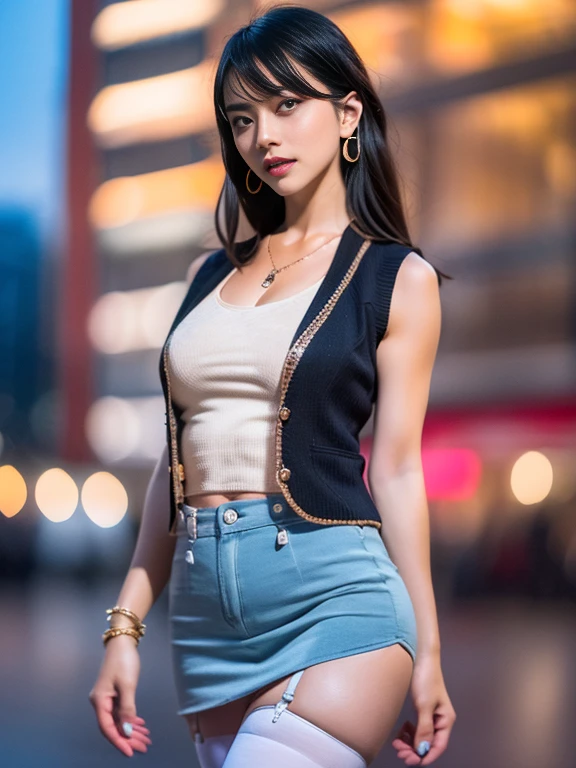 masutepiece, Best Quality, 3D Lip Artwork, 。.3DMM Style, close up, 。.3D,1 girl, Solo, Brunette hair, teardropshaped earrings, Realistic, Upper body, City Background, Bangs, long straight Brunette hair, Parted lips, Necklace, makeup, (White vest: 1.3), (Red Eyes: 1.3), (lively breasts: 1.5), Exposed abs, Toned abs, Tight arm rack mini skirt 1.2) suspenders, Stockings, Erect