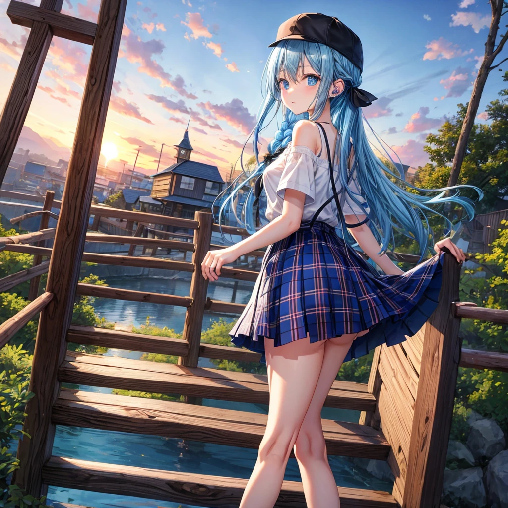Blue hair、blue eyess、Braids、one good looking girl、独奏、animesque、Plaid miniskirt、Black T-shirt、camisole、the woods、Wearing a plaid baseball cap、bare-legged、Tilting your face、Walking、Crossing a log bridge while keeping balance、Doing the ribbon、have a twig、climbing the wooden stairs、falls、Blue Topaz、Sunset sky、Wearing headphones