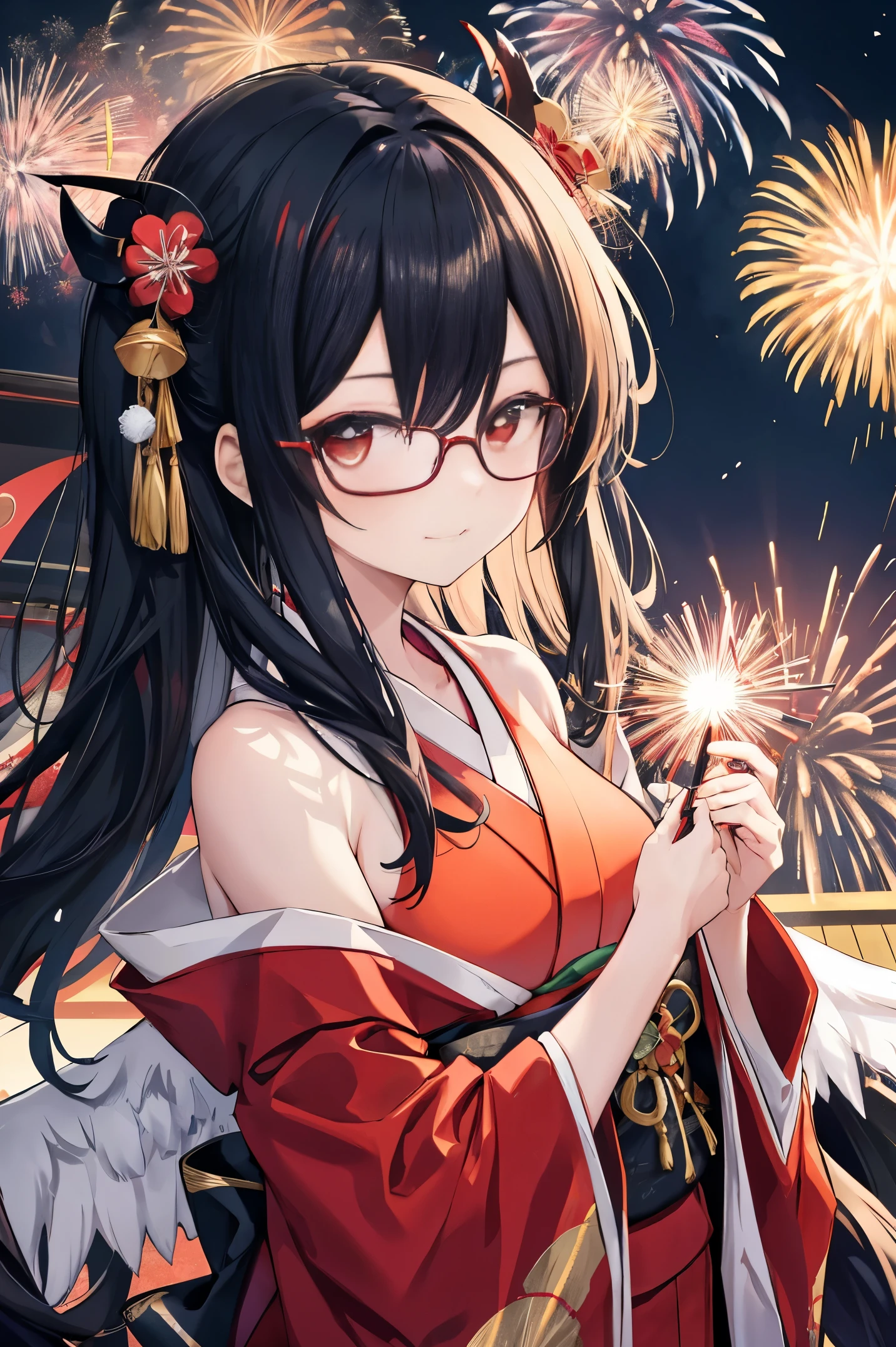 "anime girl, 1 person, black hair, shoulder length hair, red eyes, glasses, white horns, wearing kimono, kimono outfit, black kimono with red patterns, details, big breasts, long stockings, sinister smile , small black wings on the back, solo, viewed from different directions, festival, New Year's Eve, New Year's Eve fireworks, watching fireworks (sharp image)"