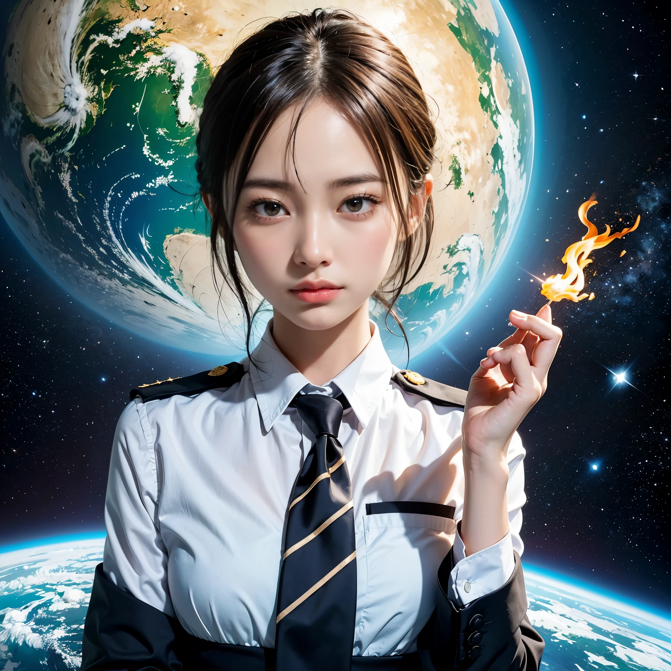(masutepiece, Best Quality:1.2), 8K, Official art, Surprised expression、put one's hand over one's mouth、Wearing a suit、Gesture of removing tie、You can see the chest、Rough image of a girl in uniform holding a globe, official artwork, portrait anime space cadet girl, with earth, girl in space, Space High School, Space Girl, planetes, Trending on CGSTATION, 太陽系外planetes, Official art, Mar Planet, beautiful anime high school girl, sakimichan, planetesの隣に浮かぶ, in intergalactic japan、Five Fingers Photos&#39;Body of, full body Esbian、Suit Beauty、Big Dipper in the background、star explosion、A dark-hairedの美しい裸足の女性, hold a flame in your right hand、tie a tie with your right hand、Turn your face up、looking-down、cool expression、明るい溶岩の光が小planetes帯の下から壊れた地球の上に昇る(Jagged rock rocks and fragments shot into the air:1.3) (Storm of windy dust debris:1.1) Volume fogmist by trace Z、It can allow bright light from below to pass through、 (​masterpiece) (top-quality) (detaileds) (8K) (电影灯光) (foco nítido) (Convoluted)A dark-haired、14years、small tits、A delightful、A smile、unbelievable Ridiculous, (a beauty girl, Pretty Face, arching back down, Gold hair ornament on hair、wearing a suits、close up, Wearing a suit, Short sleeve, gardenia, violaceaess, spaces , Looking at Viewer, Film grain, chromatic abberation, オッパイfoco nítido, face lights, Dynamic lighting, Cinematic lighting, detailedsな目と顔, (Gray tie、1 copy:1.2)