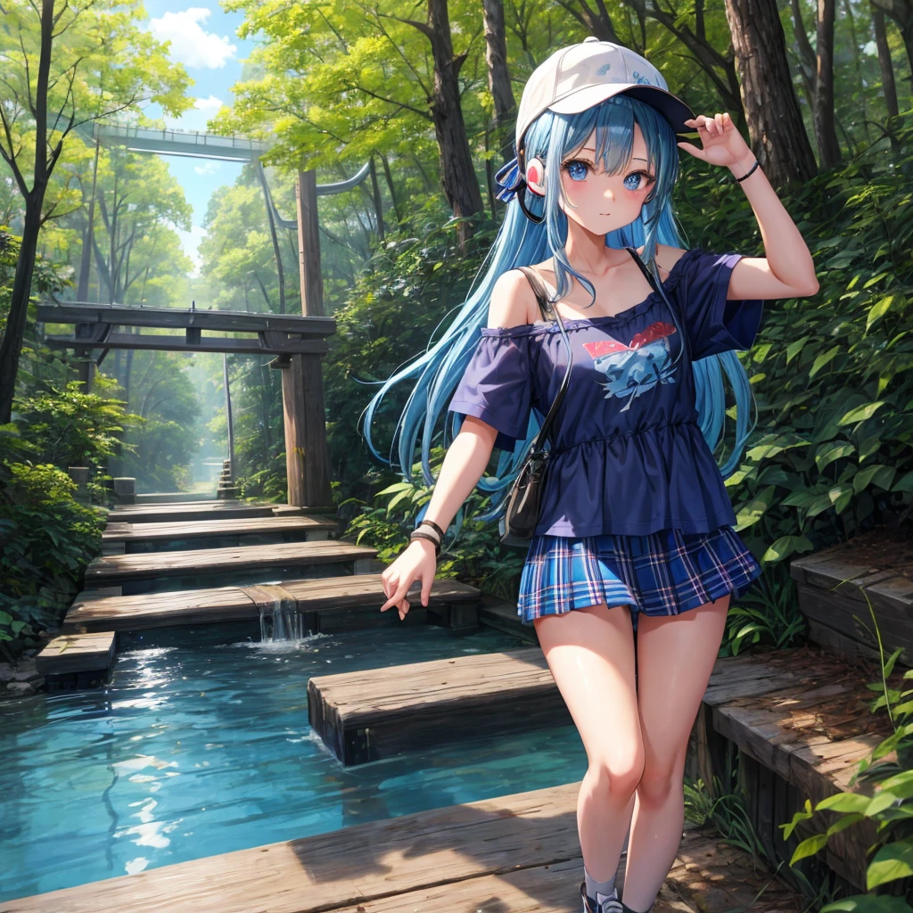 Blue hair、blue eyess、Braids、one good looking girl、独奏、animesque、Plaid miniskirt、Black T-shirt、camisole、the woods、Wearing a plaid baseball cap、bare-legged、Tilting your face、Walking、Crossing a log bridge while keeping balance、Doing the ribbon、have a twig、climbing the wooden stairs、falls、Blue Topaz、Sunset sky、Wearing headphones