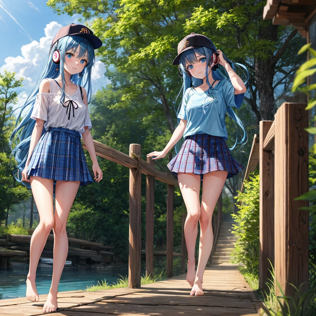 Blue hair、blue eyess、Braids、one good looking girl、独奏、animesque、Plaid miniskirt、Black T-shirt、camisole、the woods、Wearing a plaid baseball cap、bare-legged、Tilting your face、Walking、Crossing a log bridge while keeping balance、Doing the ribbon、have a twig、climbing the wooden stairs、falls、Blue Topaz、Sunset sky、Wearing headphones