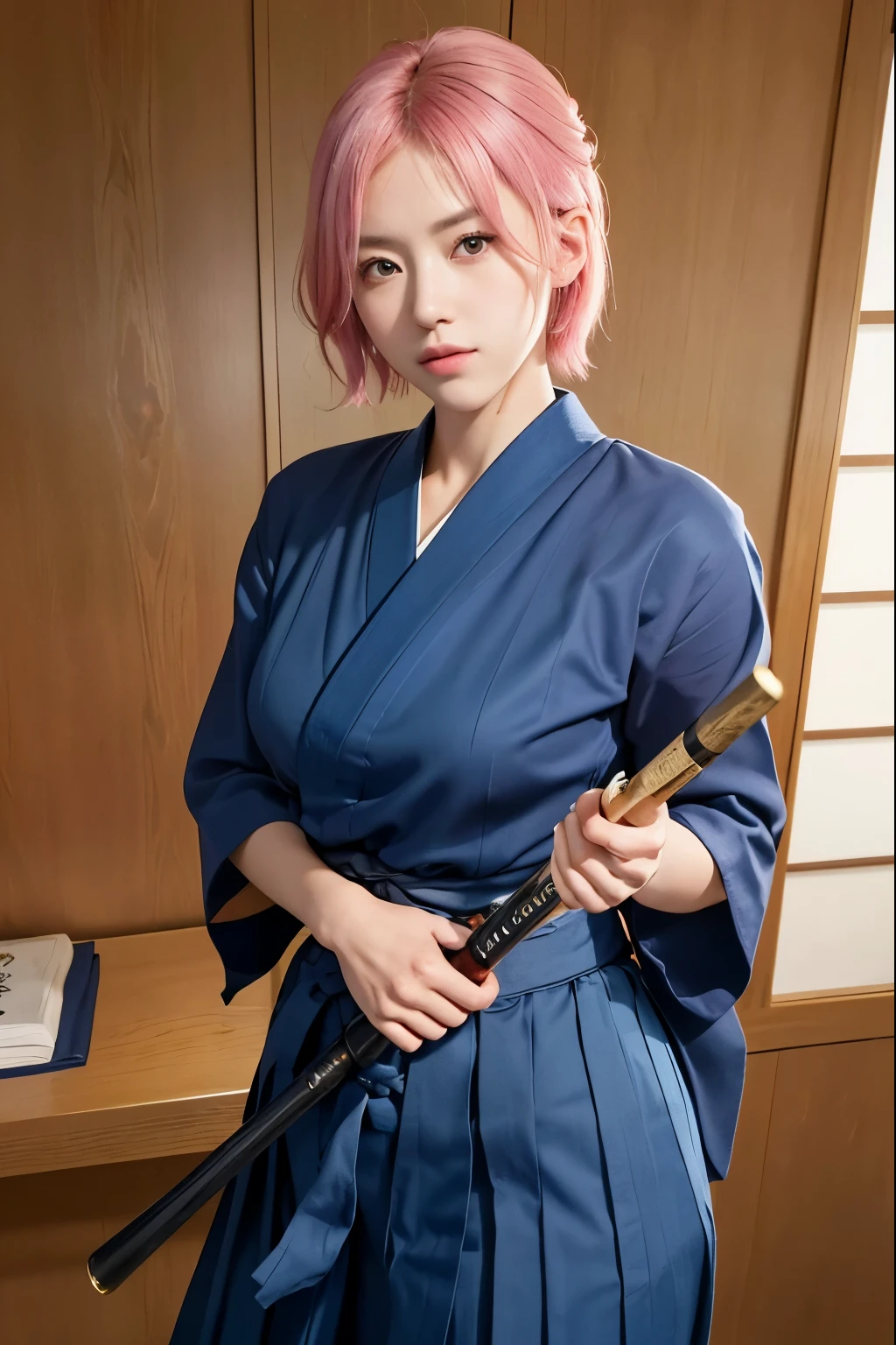 (8K, top-quality, masterpiece:1,2), (reallistic, Photorealsitic:1.37), Super Detail, One girl,), (Highly detailed), (beautifully detailed eyes), (of the highest quality), (super detailed ), (masterpiece), (Detailed face),20yr old, ,1 girl, full body, pink hair,Very short hair, medium breasts, clothed, Perfect Lighting, pussy and breast focus, looking at viewer, aroused face, naughty face, Kendo, dojo, holding shinai, shinai, ((dark blue hakama, dark blue body armor over hakama, dogi, kendo-gi))