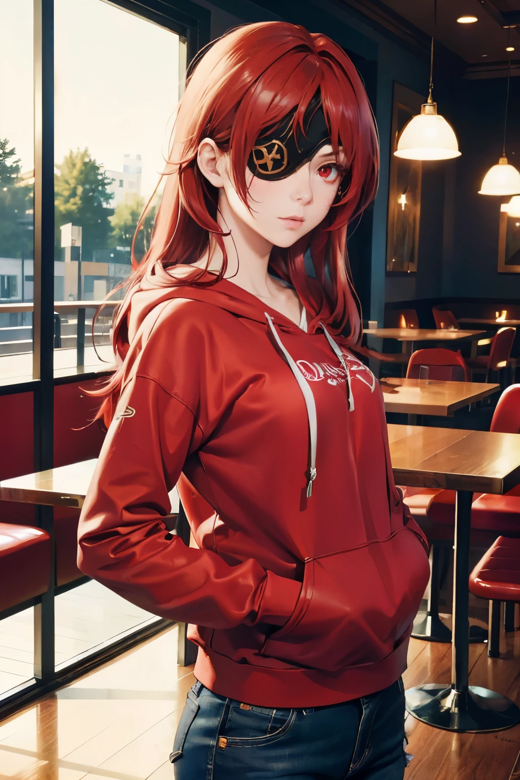 ((best quality)), ((masterpiece)), (detailed), perfect face, ((eyepatch:1.2)), (long hair:1.4), (red hair, red eyes:1.4), 1girl, solo, hotpants, upper body, pink hoodie, inside a cafe sharp focus,sunlight on face, beautiful eyes, cinematic lighting,,realistic, Photo,8K RAW