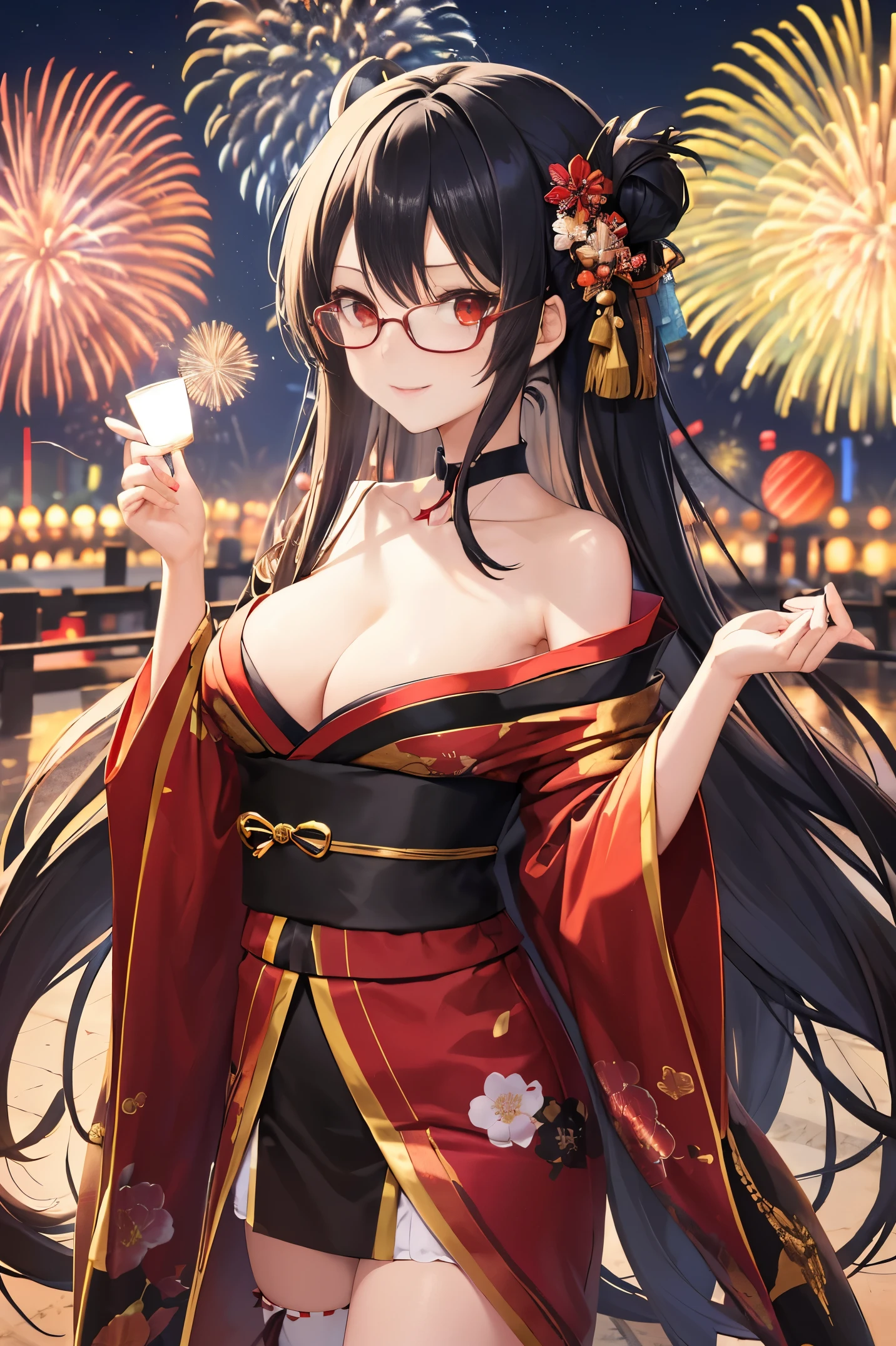 "anime girl, 1 person, black hair, shoulder length hair, red eyes, glasses, white horns, wearing kimono, kimono outfit, black kimono with red patterns, details, big breasts, long stockings, sinister smile , small black wings on the back, solo, viewed from different directions, festival, New Year's Eve, New Year's Eve fireworks, watching fireworks (sharp image)"