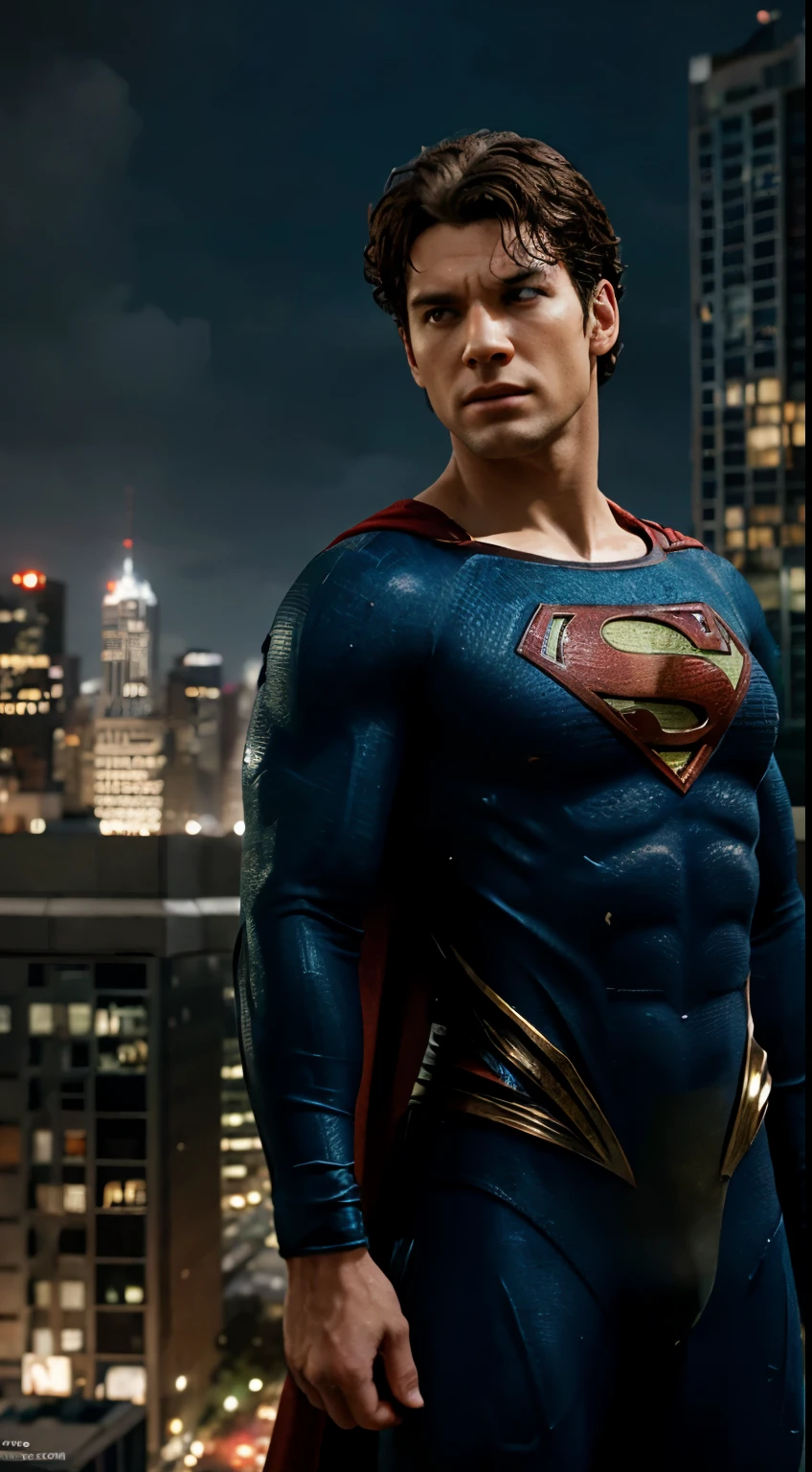 ultra hd:1.3, realistic, superman with curly hair, broken city background, view from front, realistic eye, realistic face