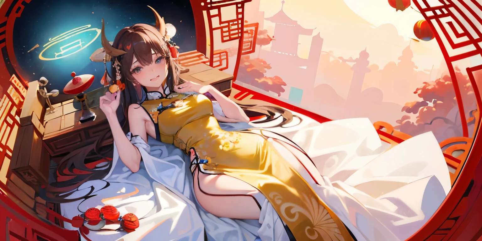 [(white backgrounid:1.5)::5], (imide shot:0.95), (full bodyesbian:1.25), dynamic angle, [Bottle bottom],(fish eye:1.4), (fade:1.3),Colorful,(tmasterpiece:1,2), Best quality at best,极其细致的CG 8k壁纸,Best quality at best, tmasterpiece, A high resolution, Original, very detailed wallpaper, (Alone:1.25),Delicate and beautiful face,
,1 girl, hand on her own chest,nipple chain_thongs,light  smile,heart - shaped pupils, brunette color hair,cowbell,long whitr hair, ,horn,, of shoulders,(:1.2), (Chinese dress:1.5),Chopping, (sitted:1.3),