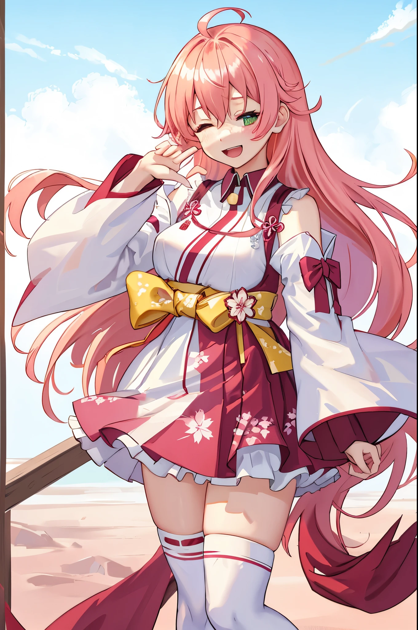 masterpiece, best quality, highres, sakura_miko, 1girl, (loli:1.3),medium_breasts, kimono, solo, ahoge, x_hair_ornament, pink_hair, floral print, hairclip,(side_less_clothes:1.3), (side_breasts:1.3), hair_bell, floral print, long_hair, hair between eyes, one side up, white_thighhighs, wide sleeves, open_mouth,(happy:1.3),green_eyes,smile,apart_legs,(overly_long_sleeves:1.3),),sleeves_past_wrists,hands_hidden_sleeves,sidelock_clothes,solo,hidden_wrists,(XD:1.5),covered_nipples,sunlight,(bare_flank:1.3),boots,open_mouth,kimono,close_eyes,.
