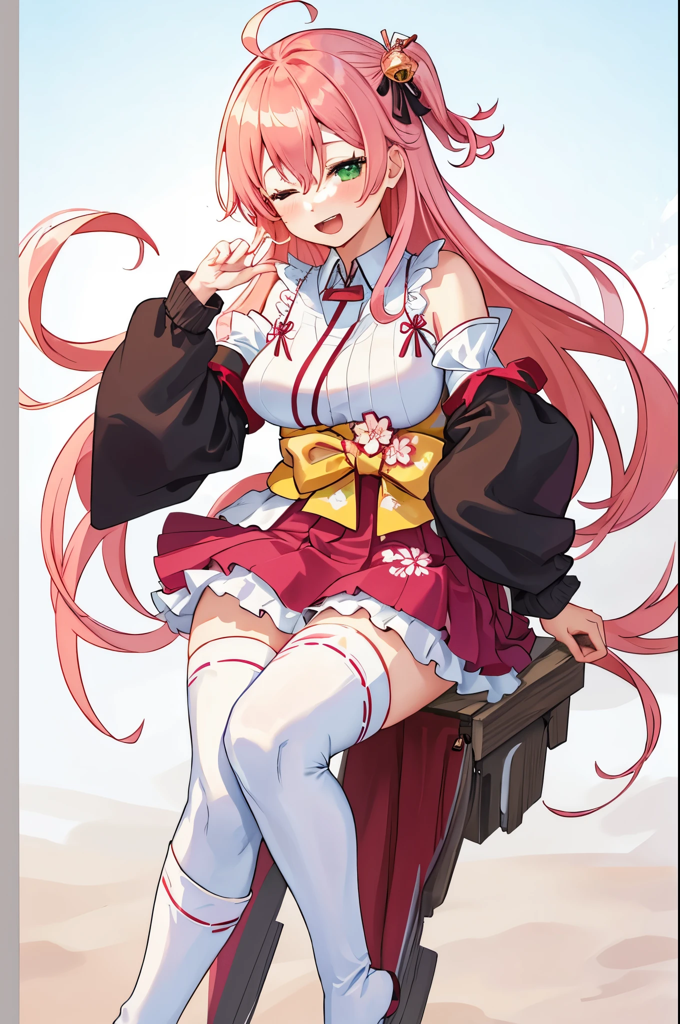 masterpiece, best quality, highres, sakura_miko, 1girl, (loli:1.3),medium_breasts, kimono, solo, ahoge, x_hair_ornament, pink_hair, floral print, hairclip,(side_less_clothes:1.3), (side_breasts:1.3), hair_bell, floral print, long_hair, hair between eyes, one side up, white_thighhighs, wide sleeves, open_mouth,(happy:1.3),green_eyes,smile,apart_legs,(overly_long_sleeves:1.3),),sleeves_past_wrists,hands_hidden_sleeves,sidelock_clothes,solo,hidden_wrists,(XD:1.5),covered_nipples,sunlight,(bare_flank:1.3),boots,open_mouth,kimono,close_eyes,.